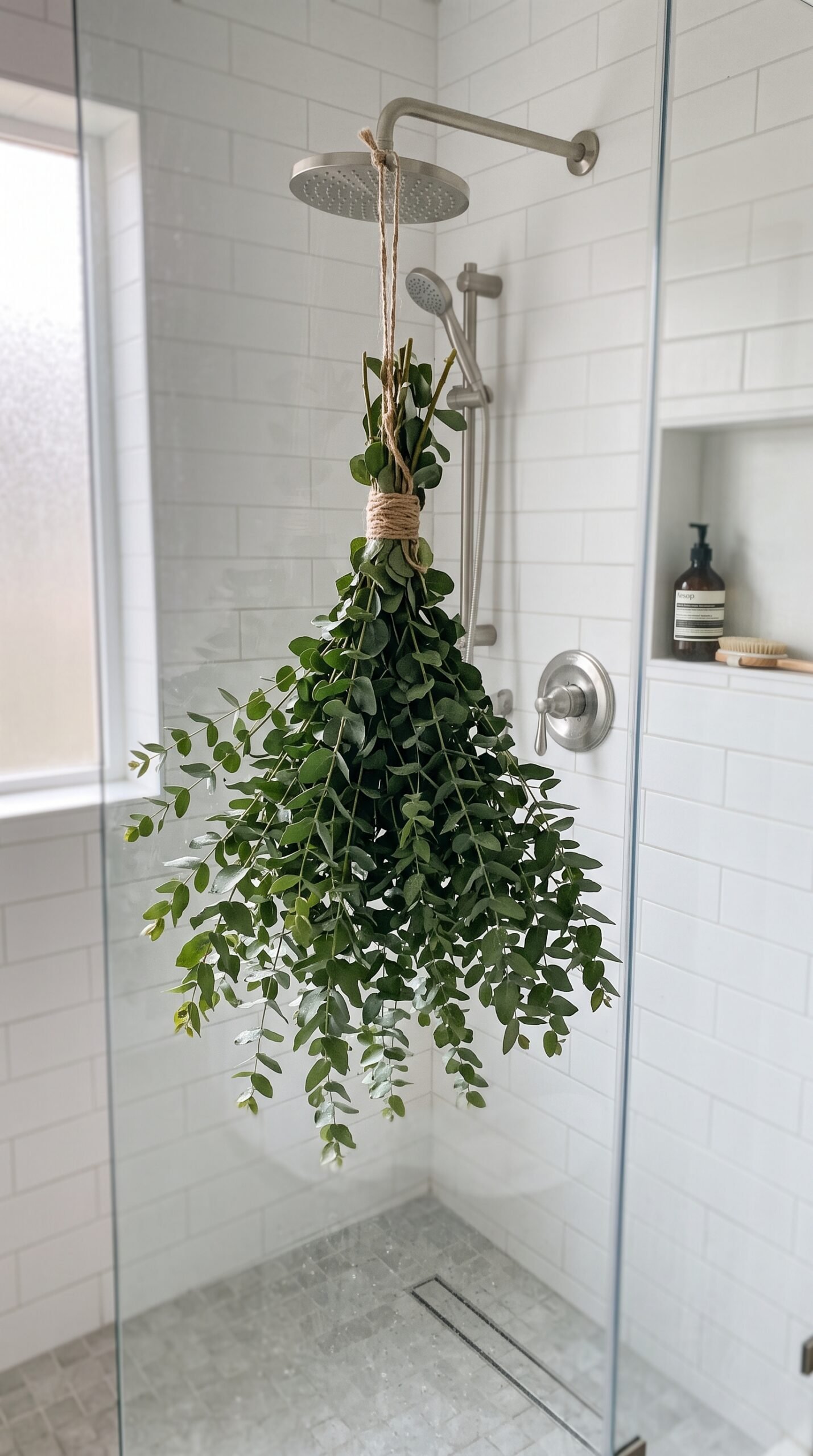 eucalyptus bundle hanging in a shower