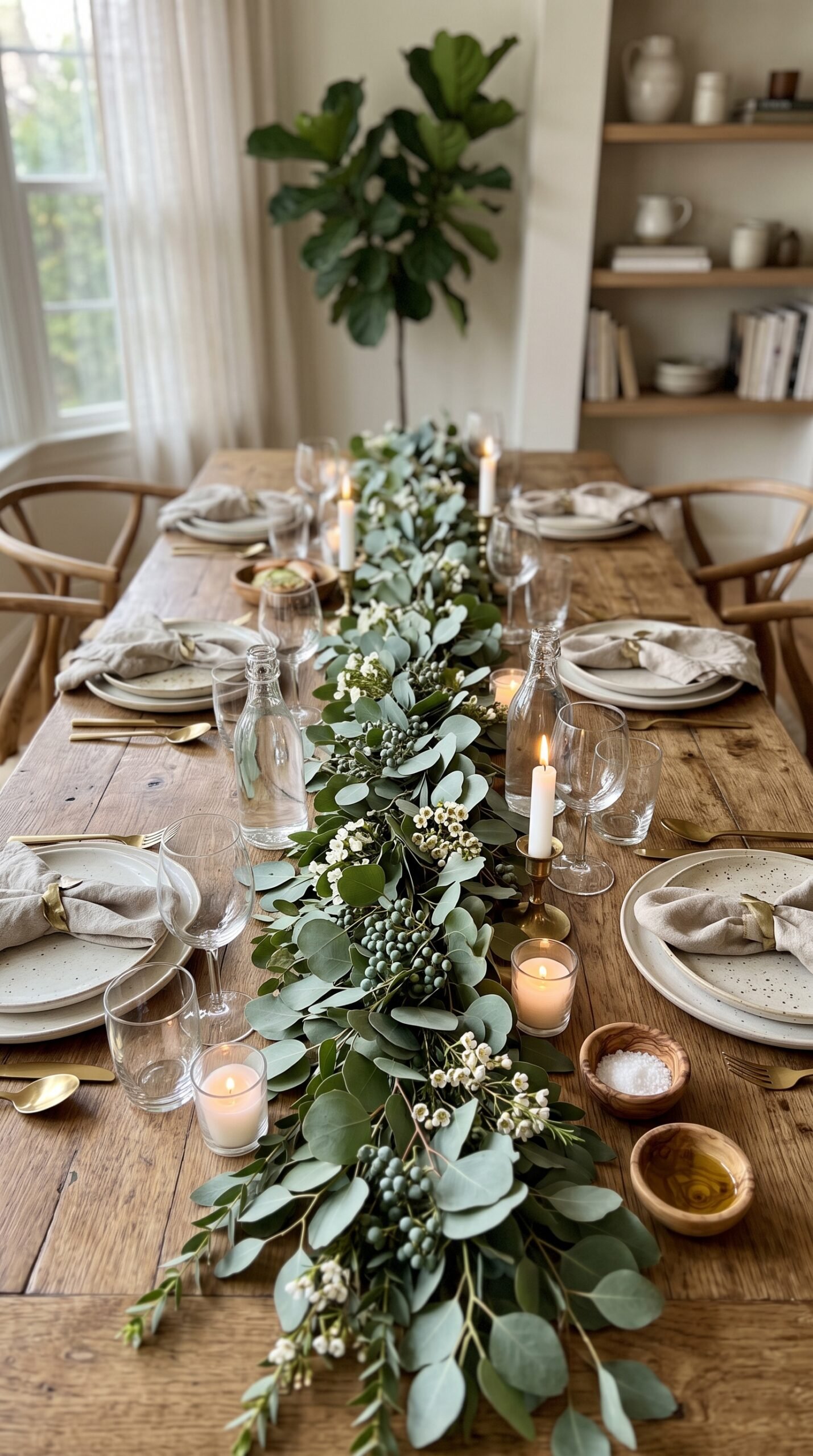 eucalyptus garland running down the center of a dining table