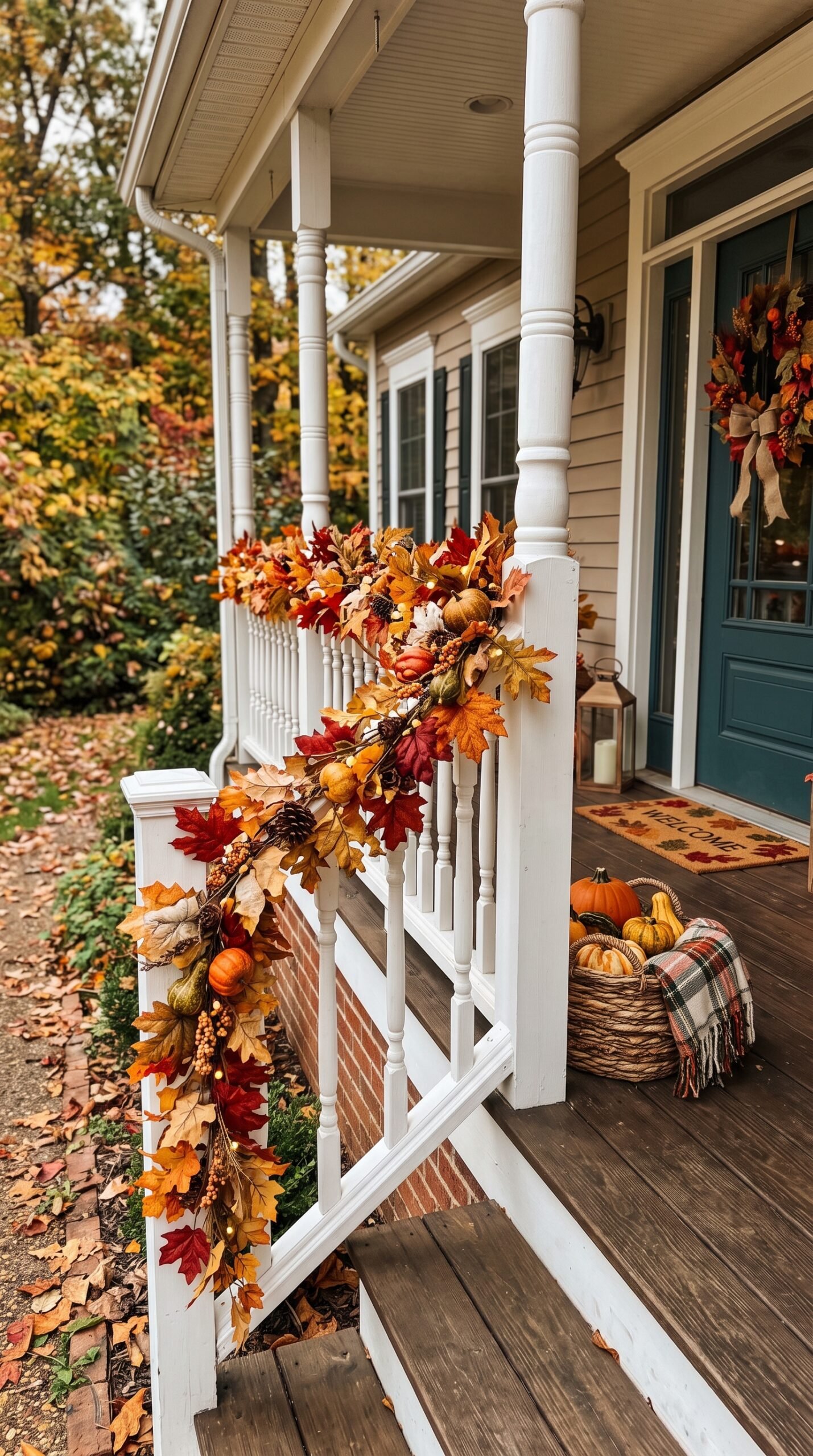 fall foliage garland on porch railings