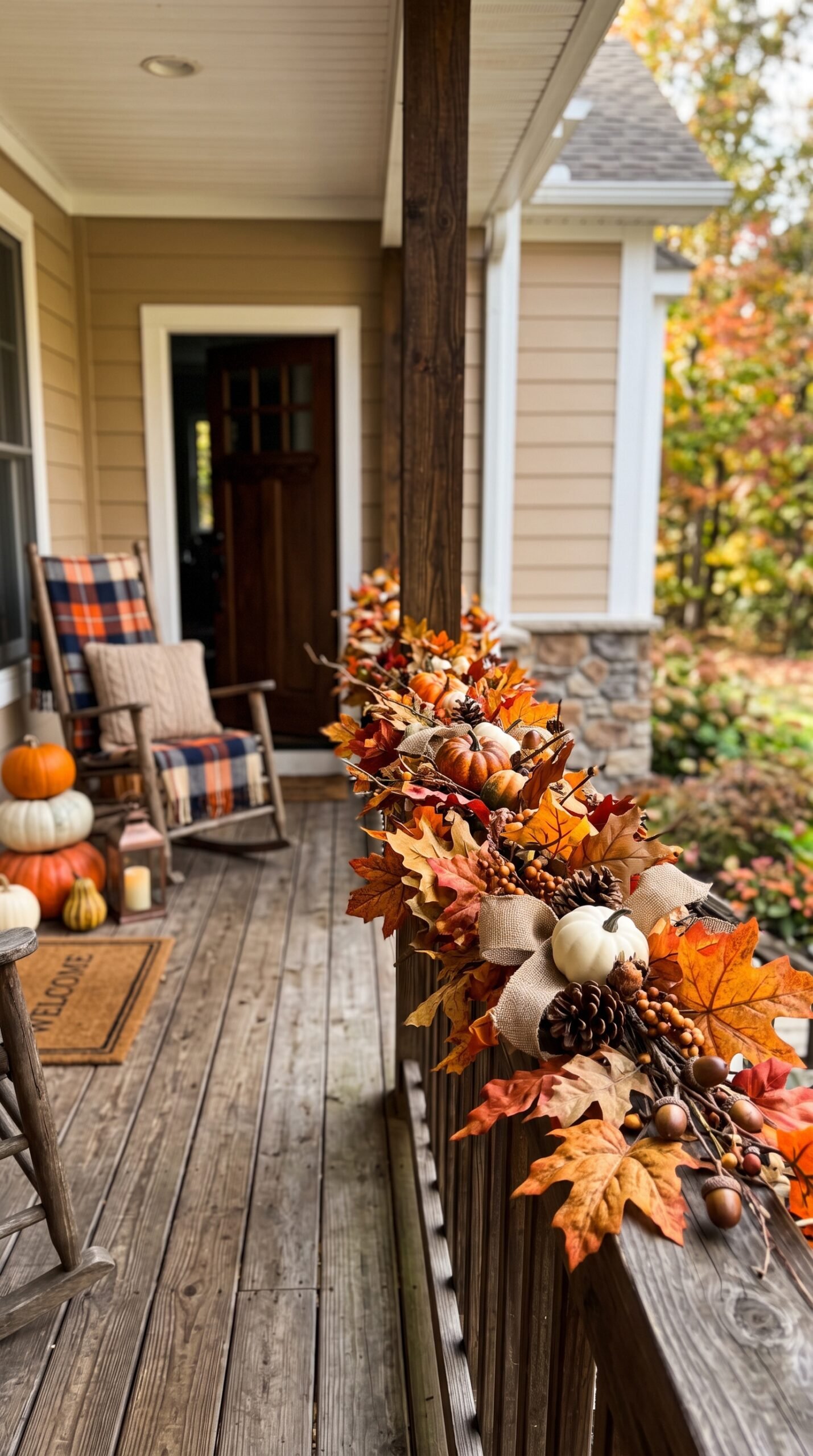 fall foliage garland on porch railings