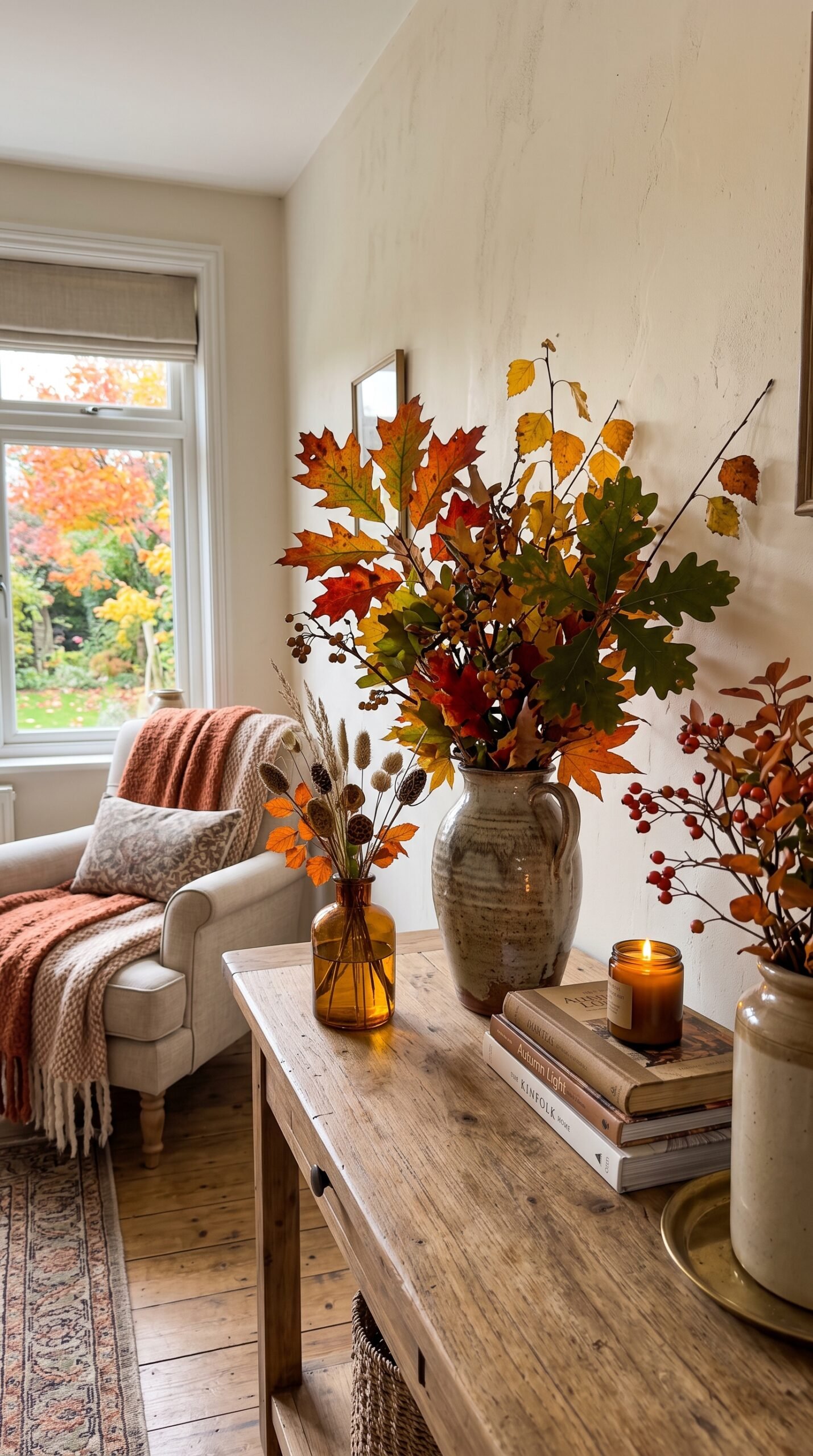 fall foliage stems in vases around a home