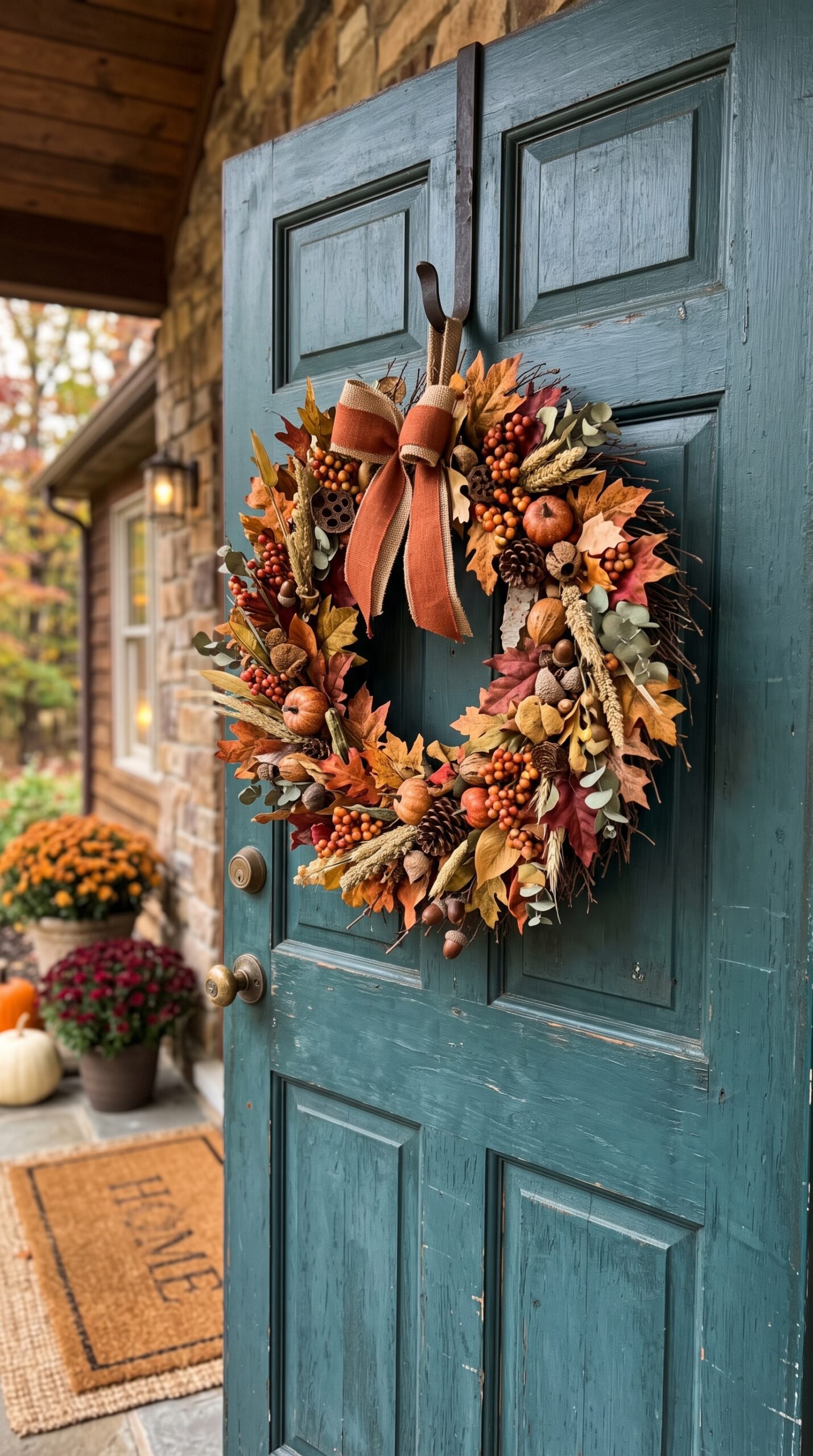 mixed fall foliage wreath on a door
