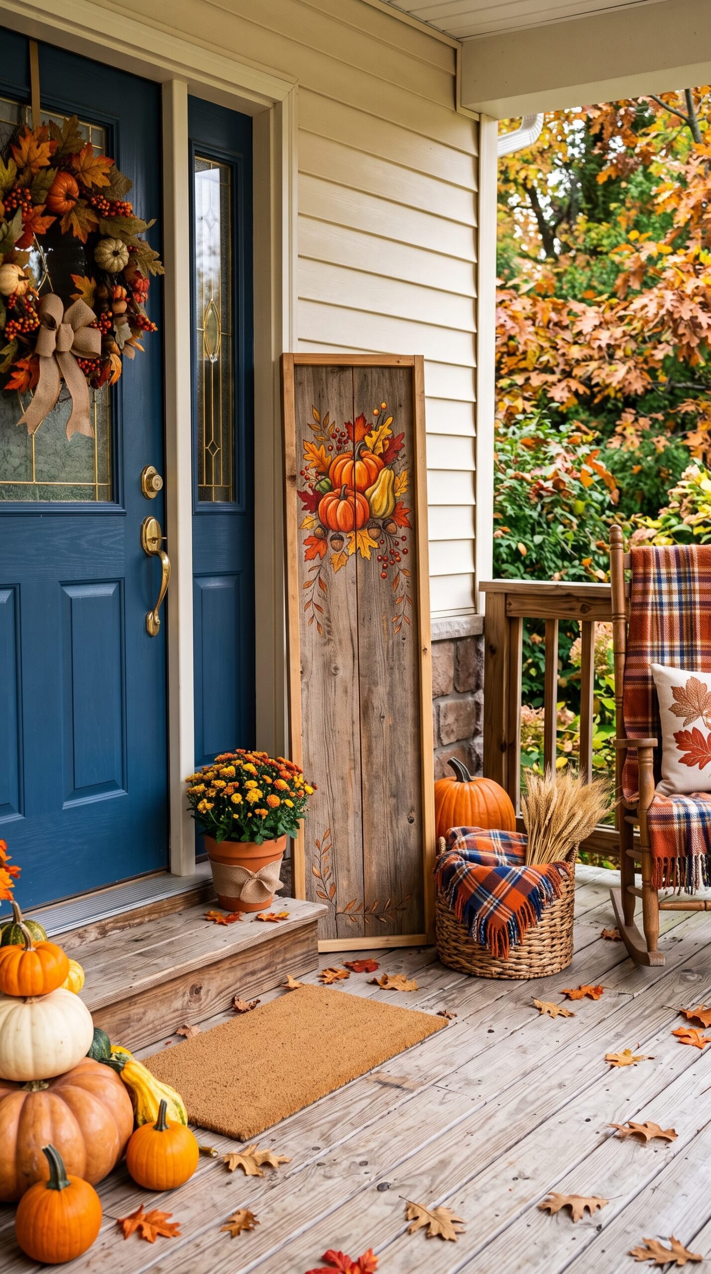fall welcome sign on a porch