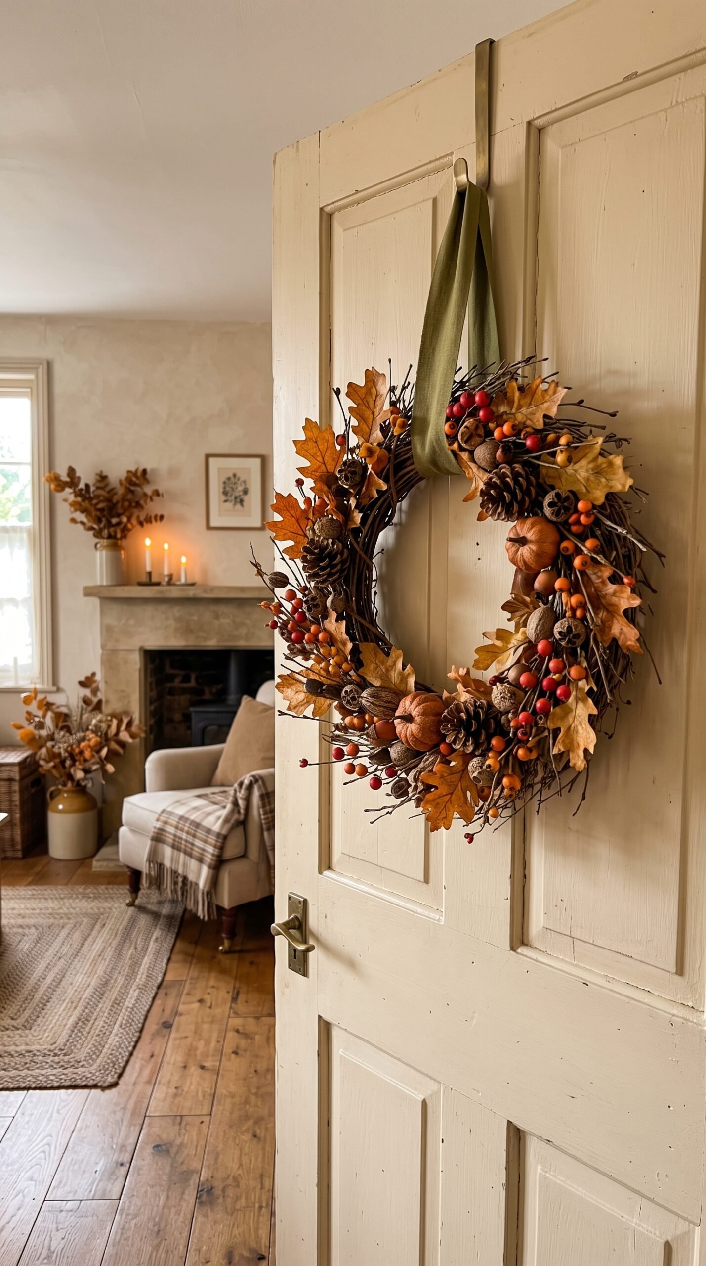 fall wreath hung indoors