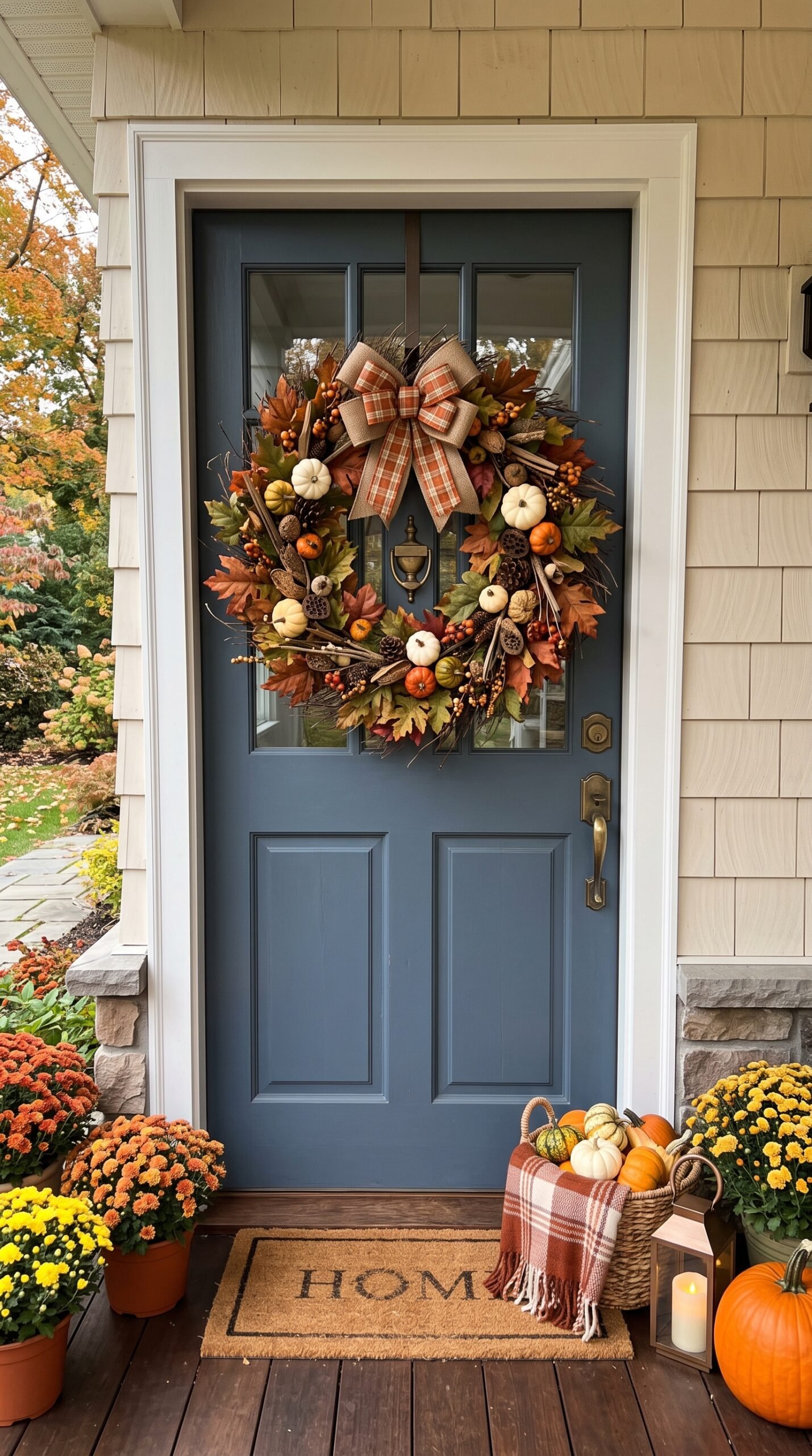 large fall wreath on a front door