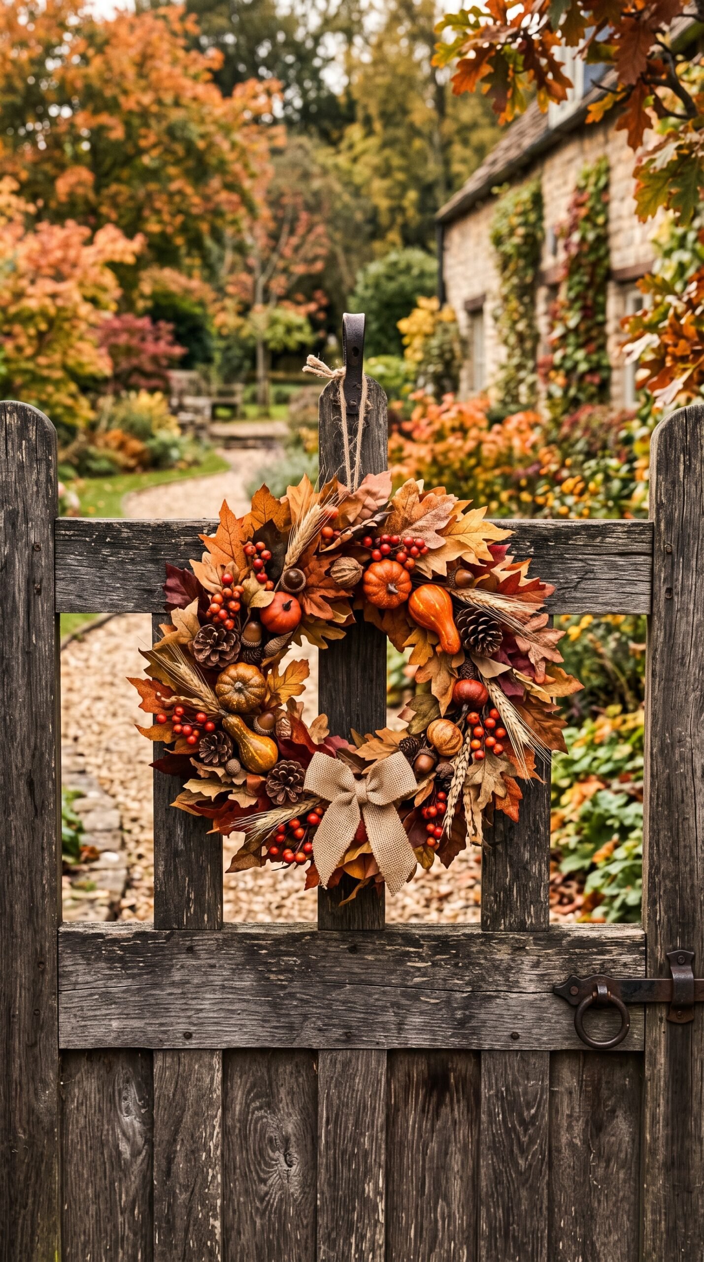 fall wreath on an outdoor gate or fence