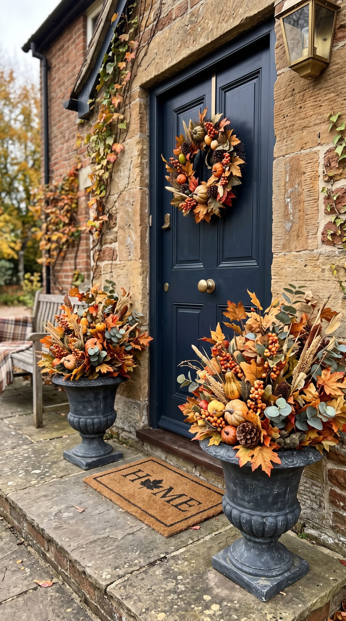 faux fall foliage in door planters