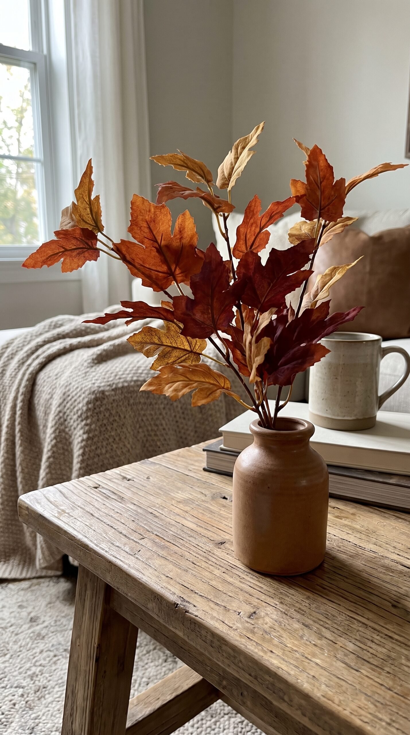 faux fall foliage sprig in a bud vase on a coffee table