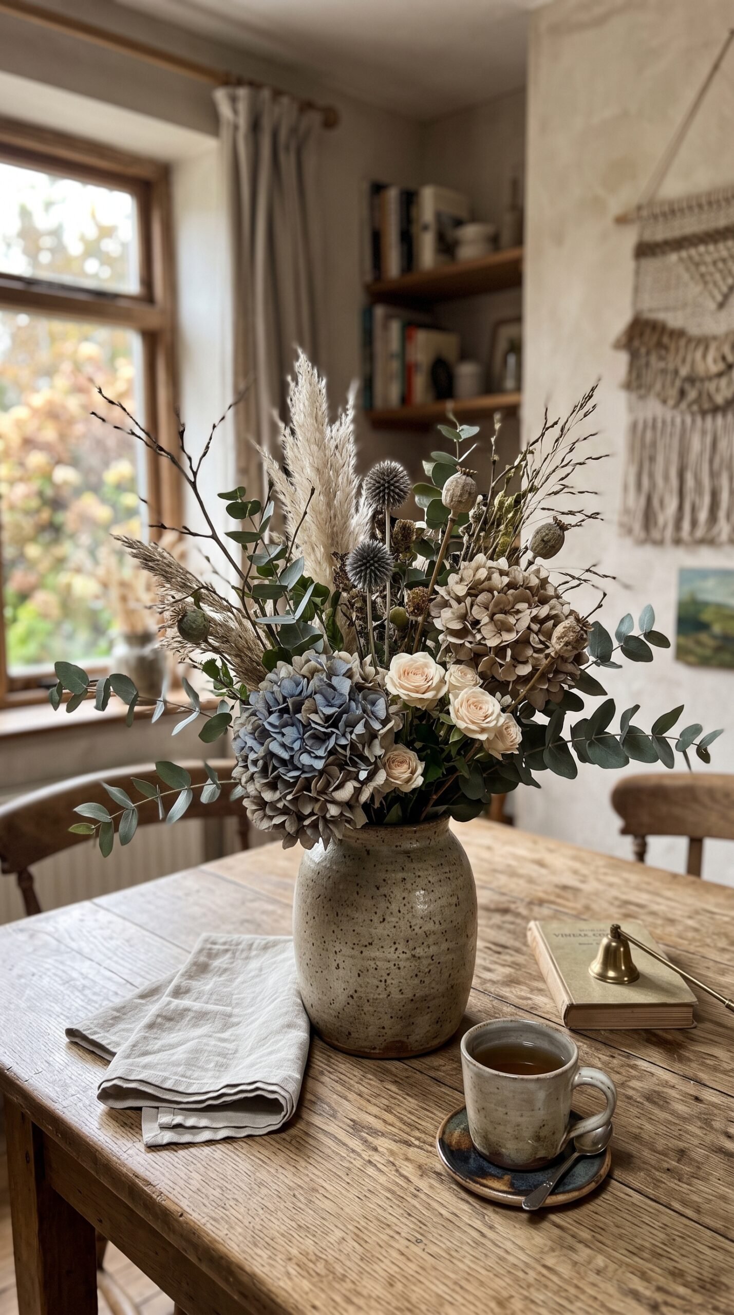 muted floral arrangement in a stoneware vase on a table