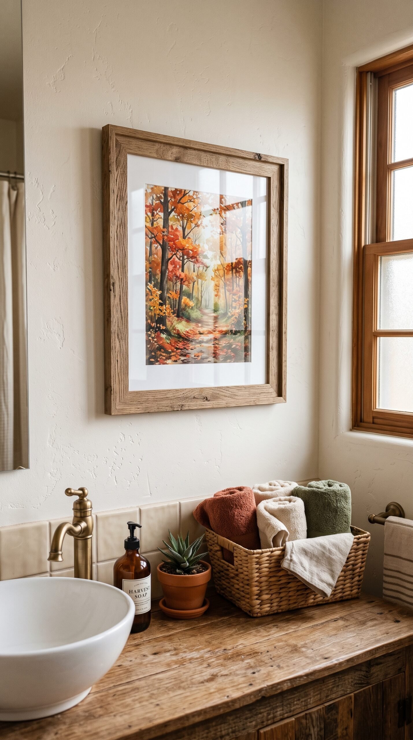 framed autumn wall art in a bathroom