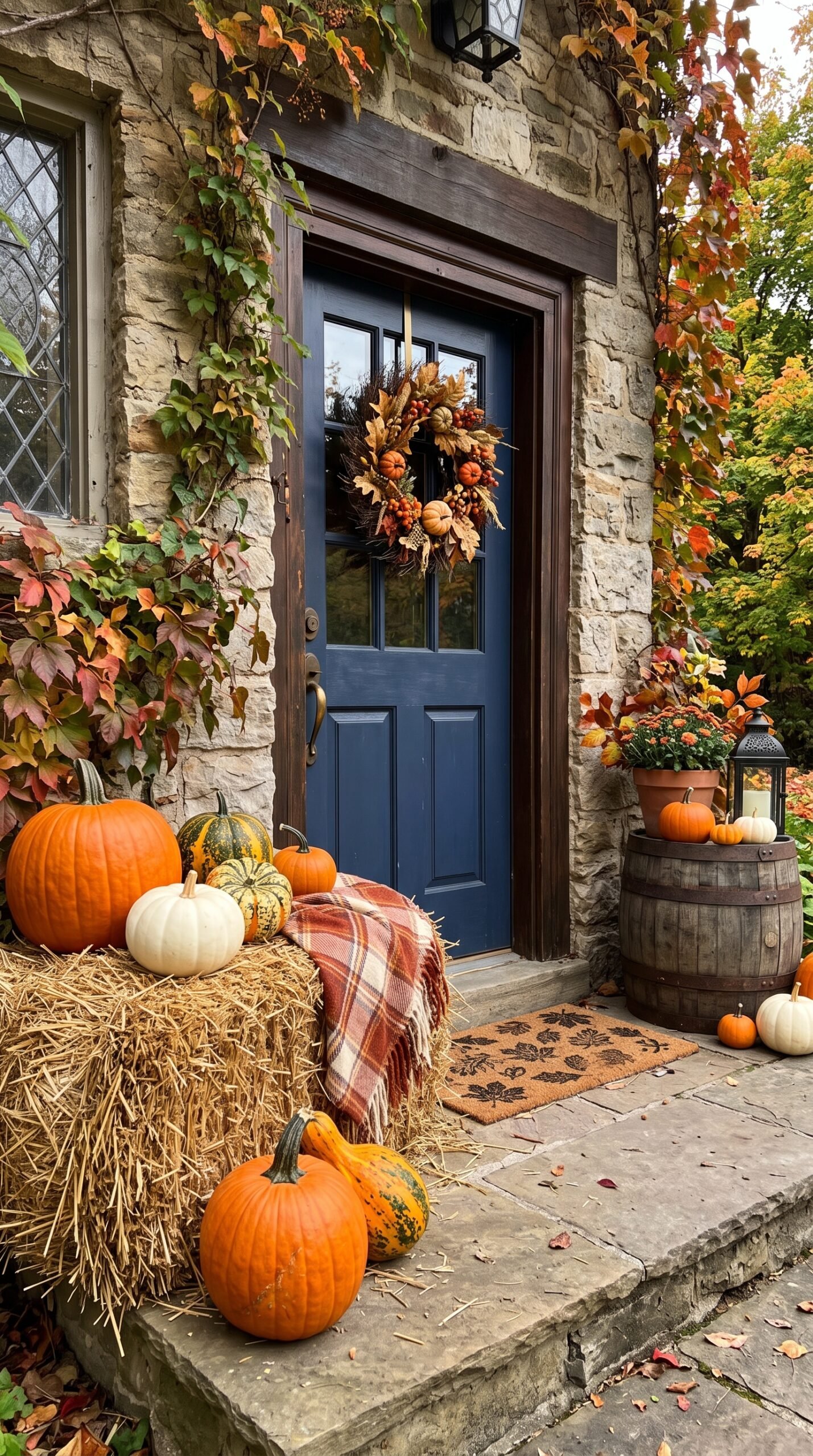 hay bale with pumpkins by a front door