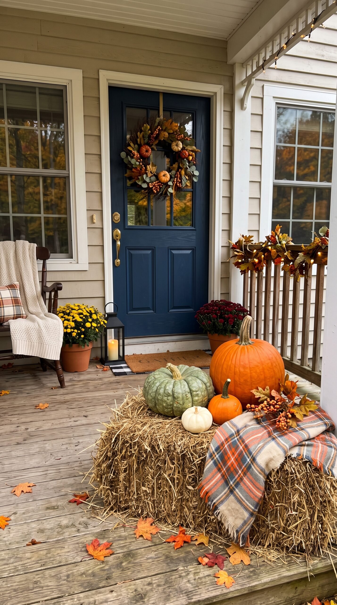 hay bale with pumpkins on a porch