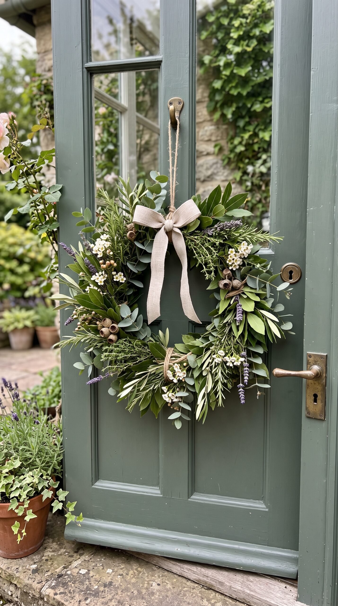 herb and greenery wreath on a door