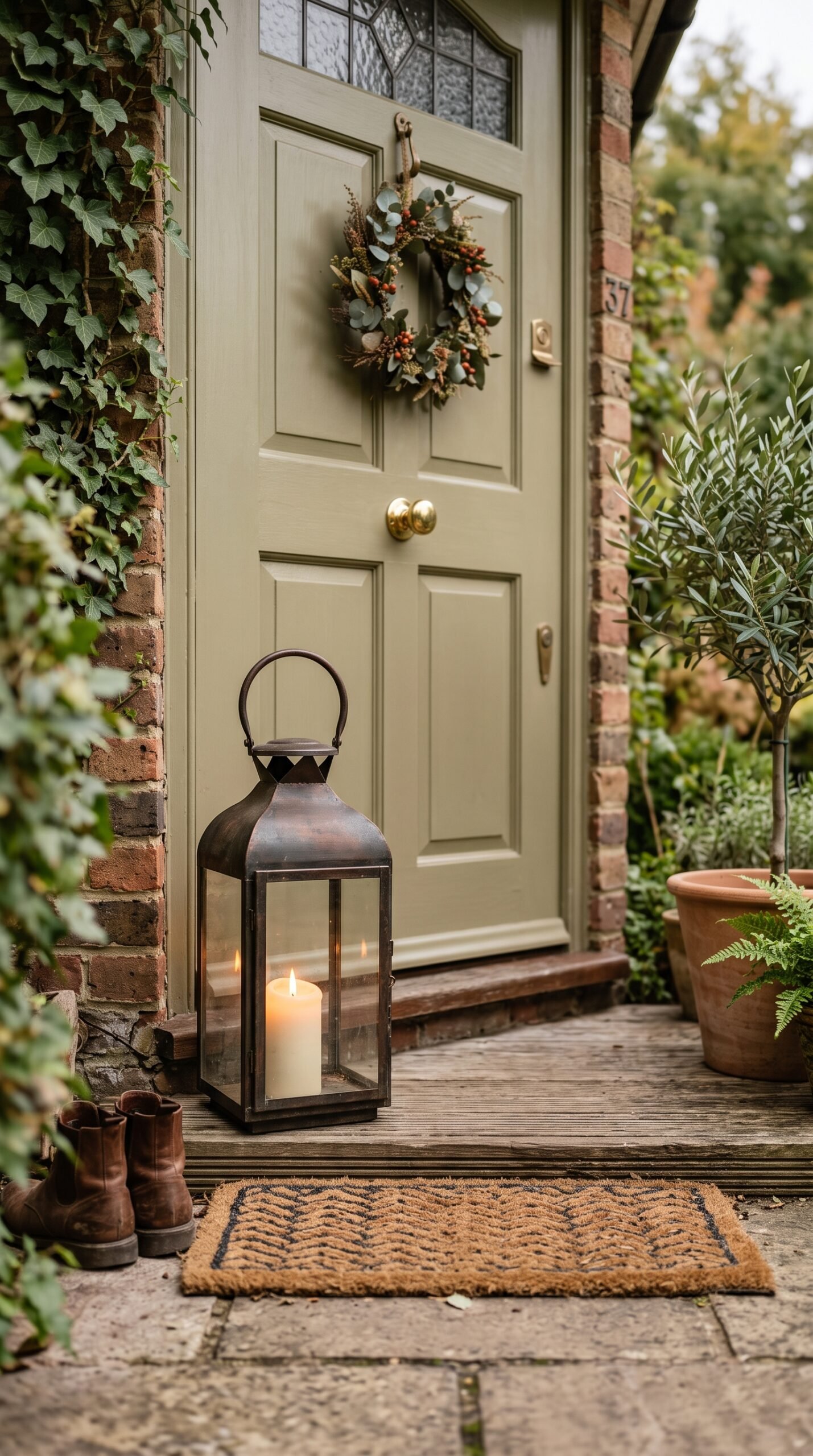 lantern with a candle by a front door