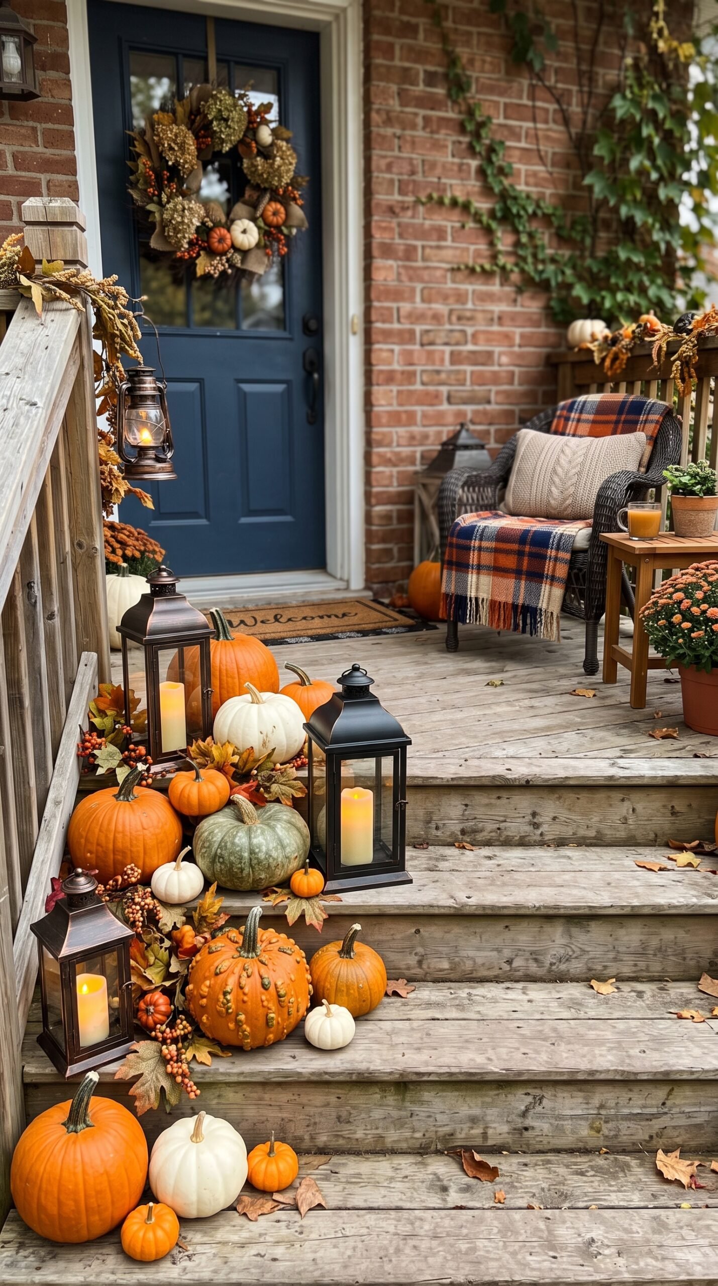 lanterns paired with pumpkins on a porch