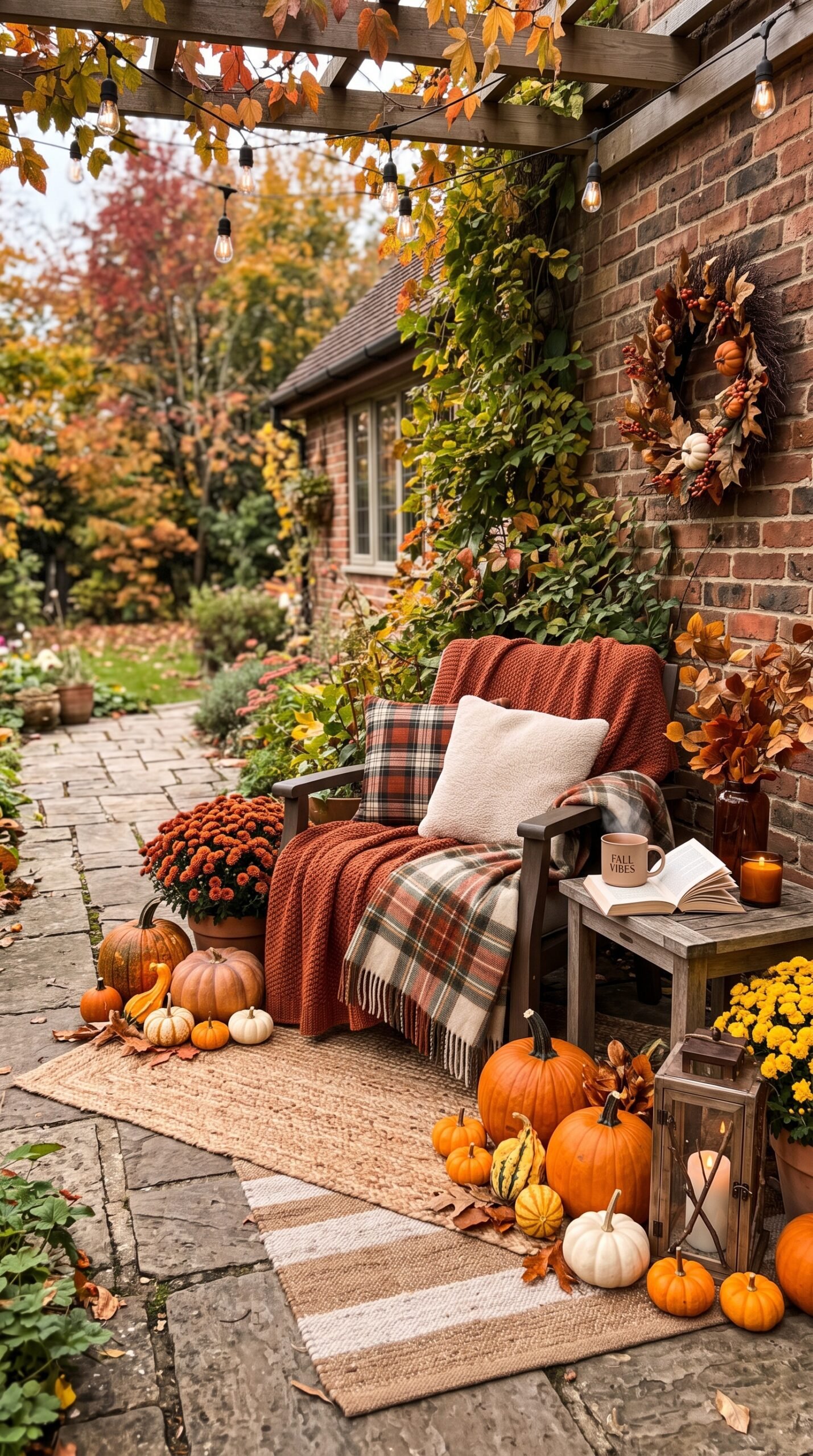 layered cozy fall outdoor decor on a patio