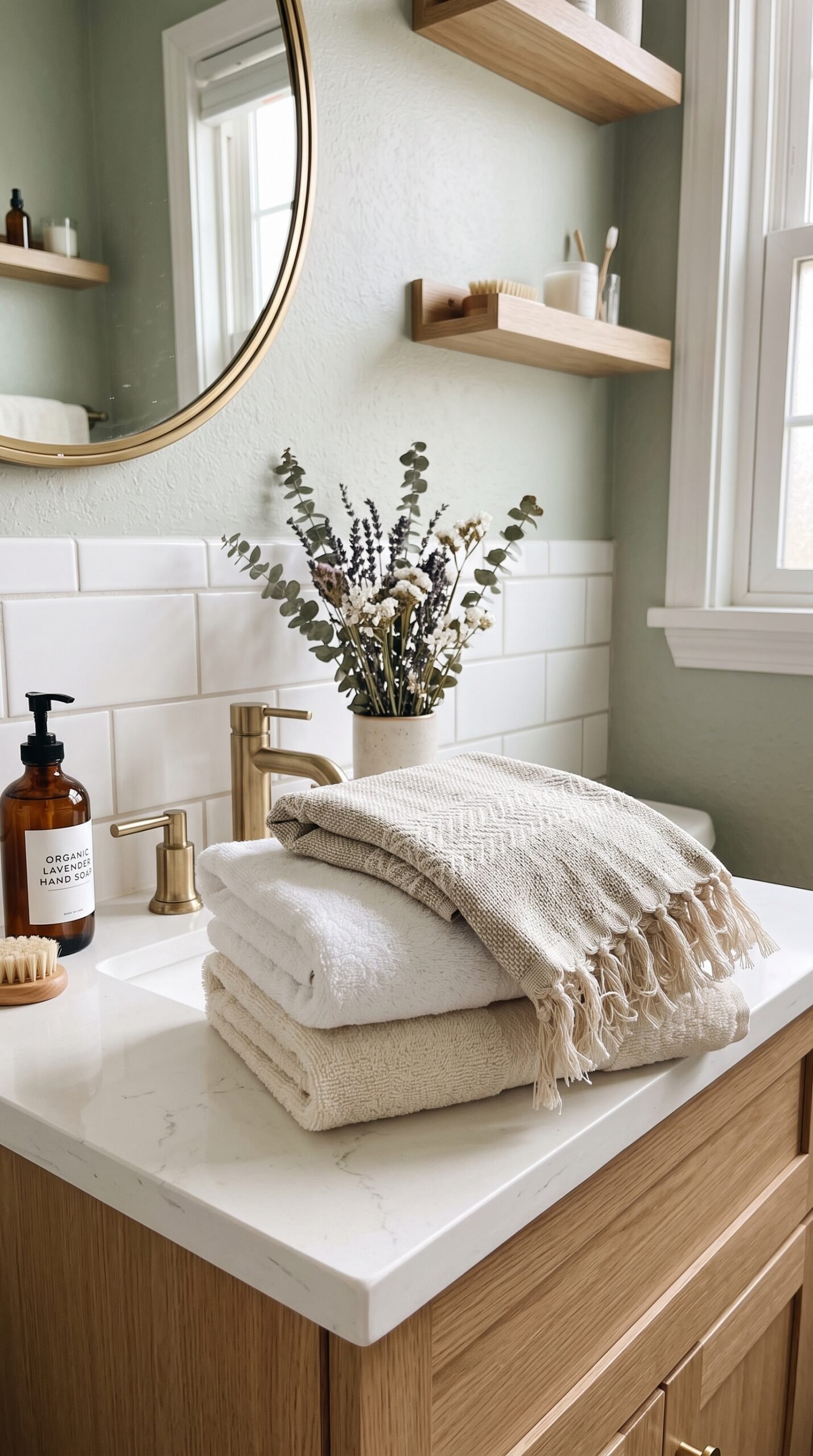 layered decorative hand towels in a bathroom