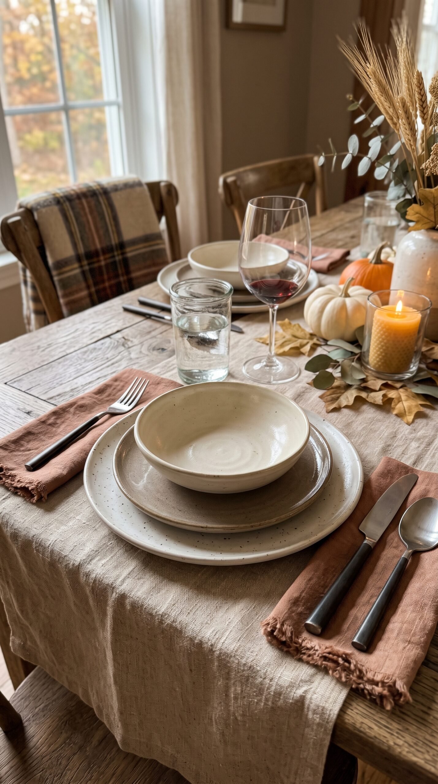 layered neutral dinnerware on a fall table setting