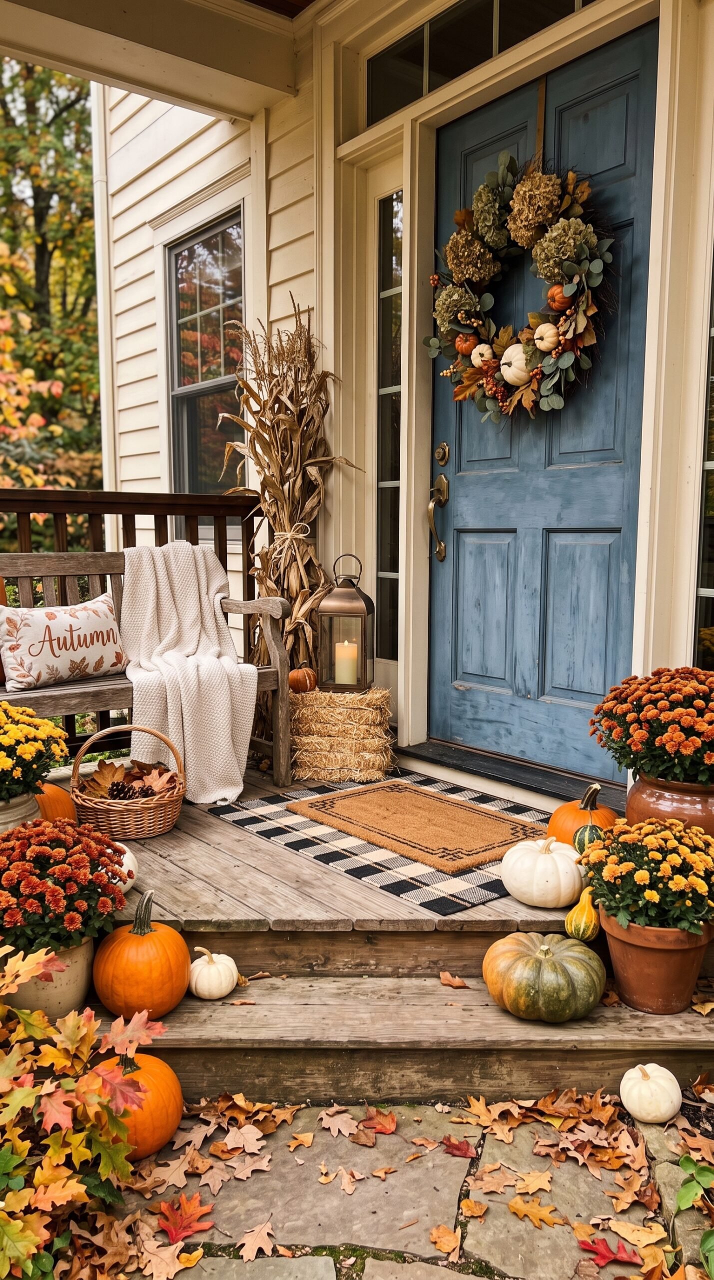 layered cozy fall front porch decor