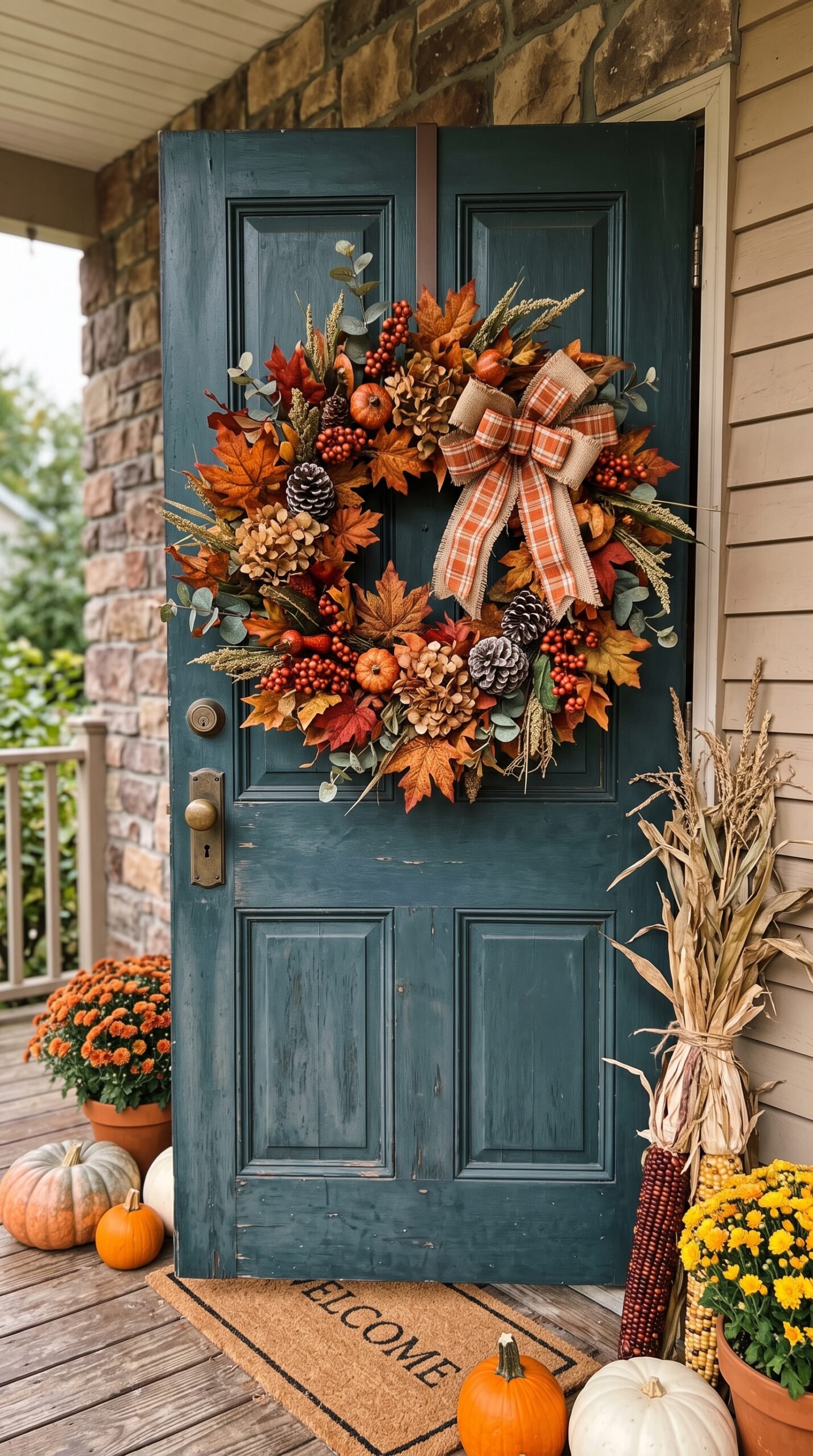 layered texture fall wreath on a door