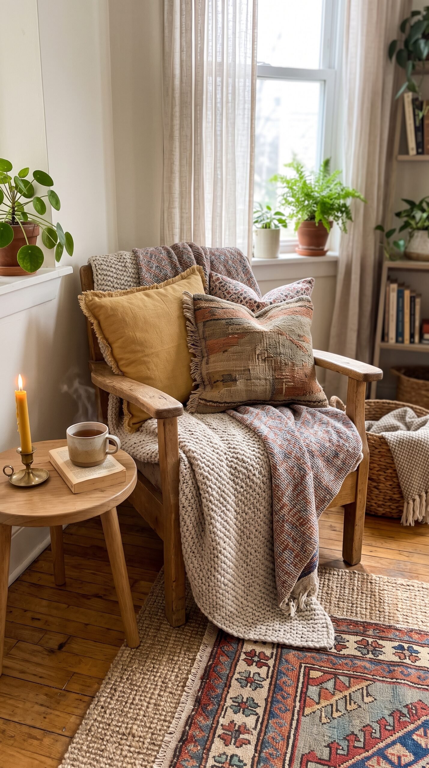 layered textiles in a cozy home