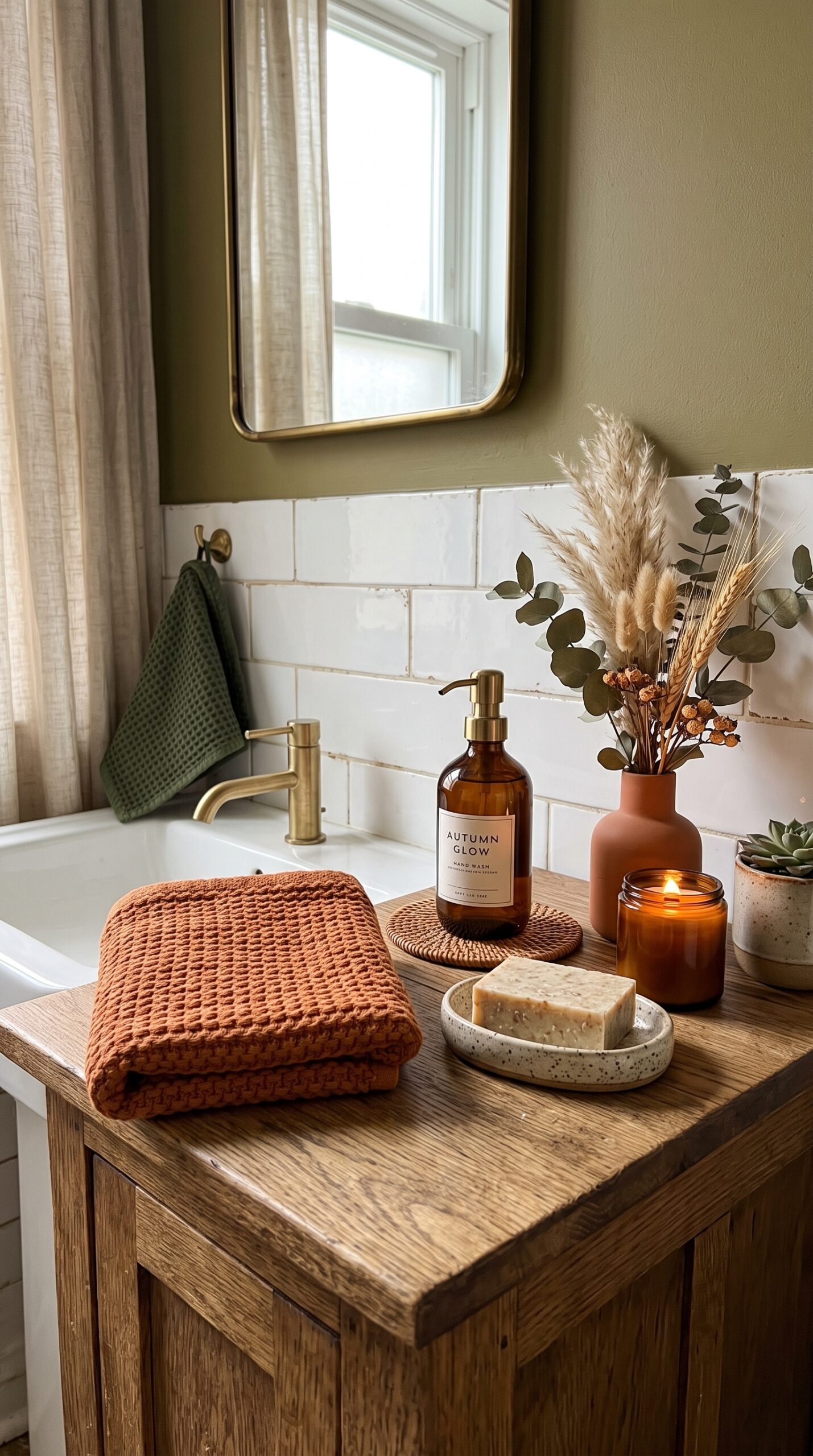 layered textures in a cozy fall bathroom