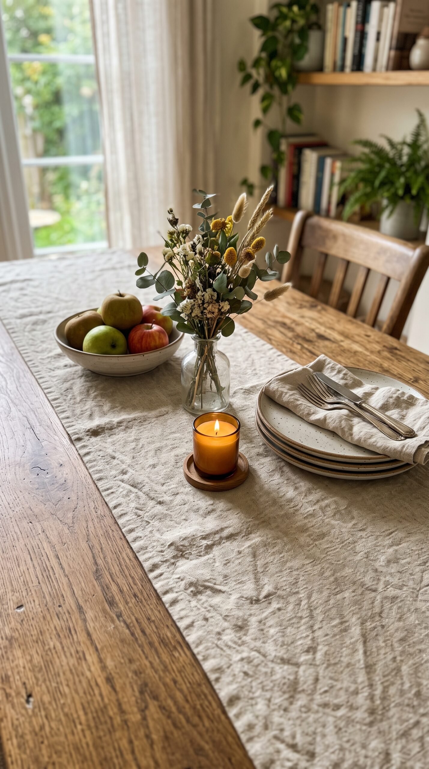 textured linen table runner on a wooden dining table
