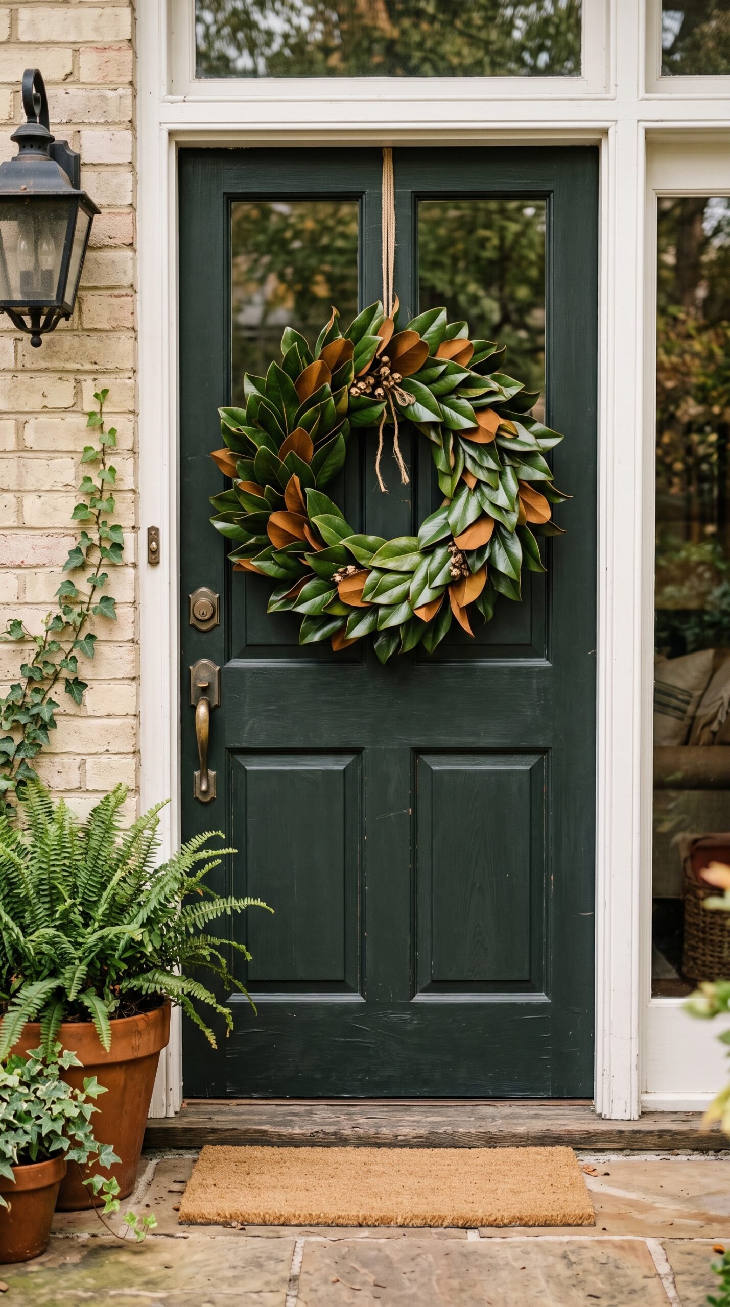 magnolia leaf wreath on a front door