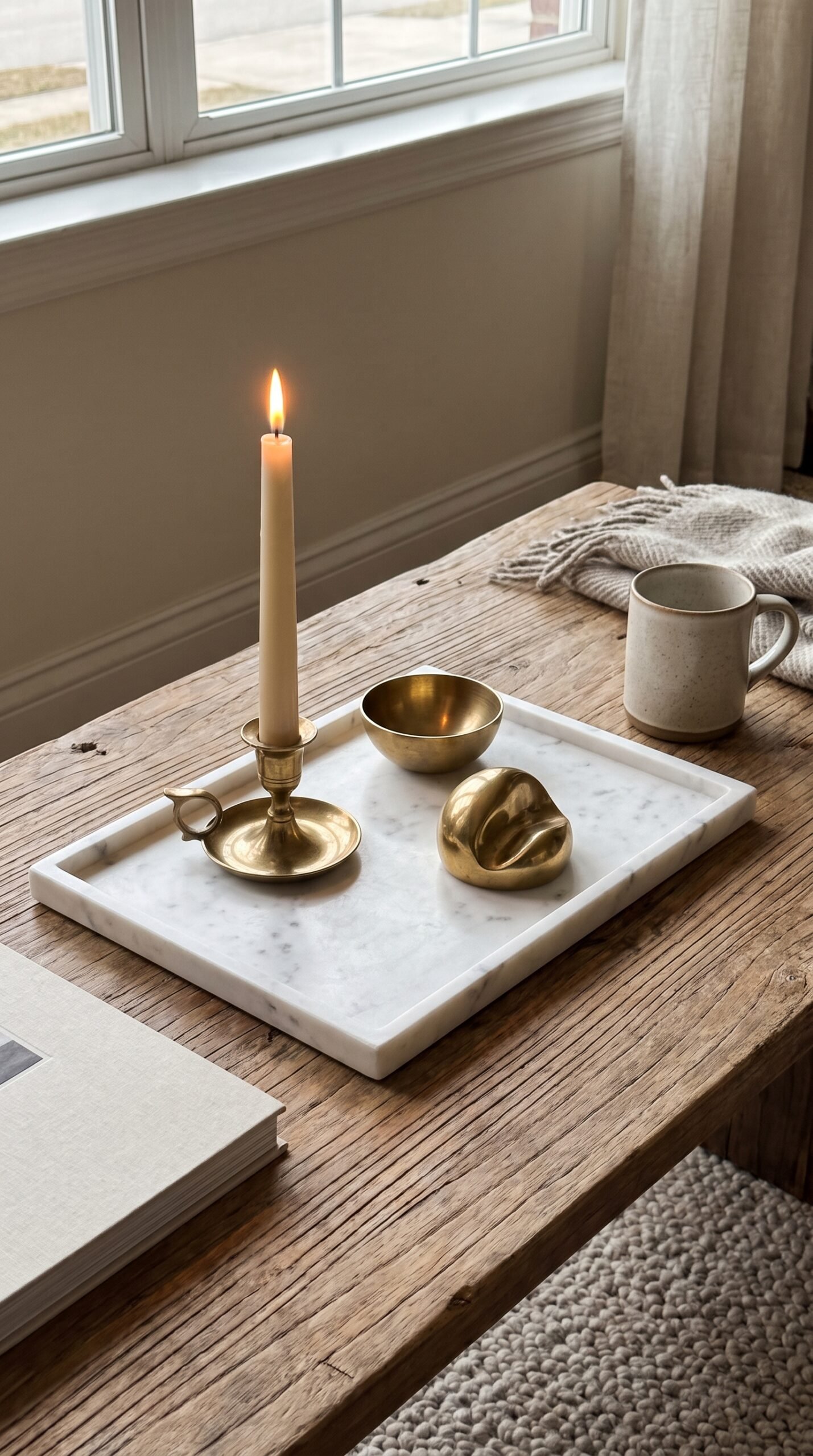 marble tray with brass objects on a coffee table