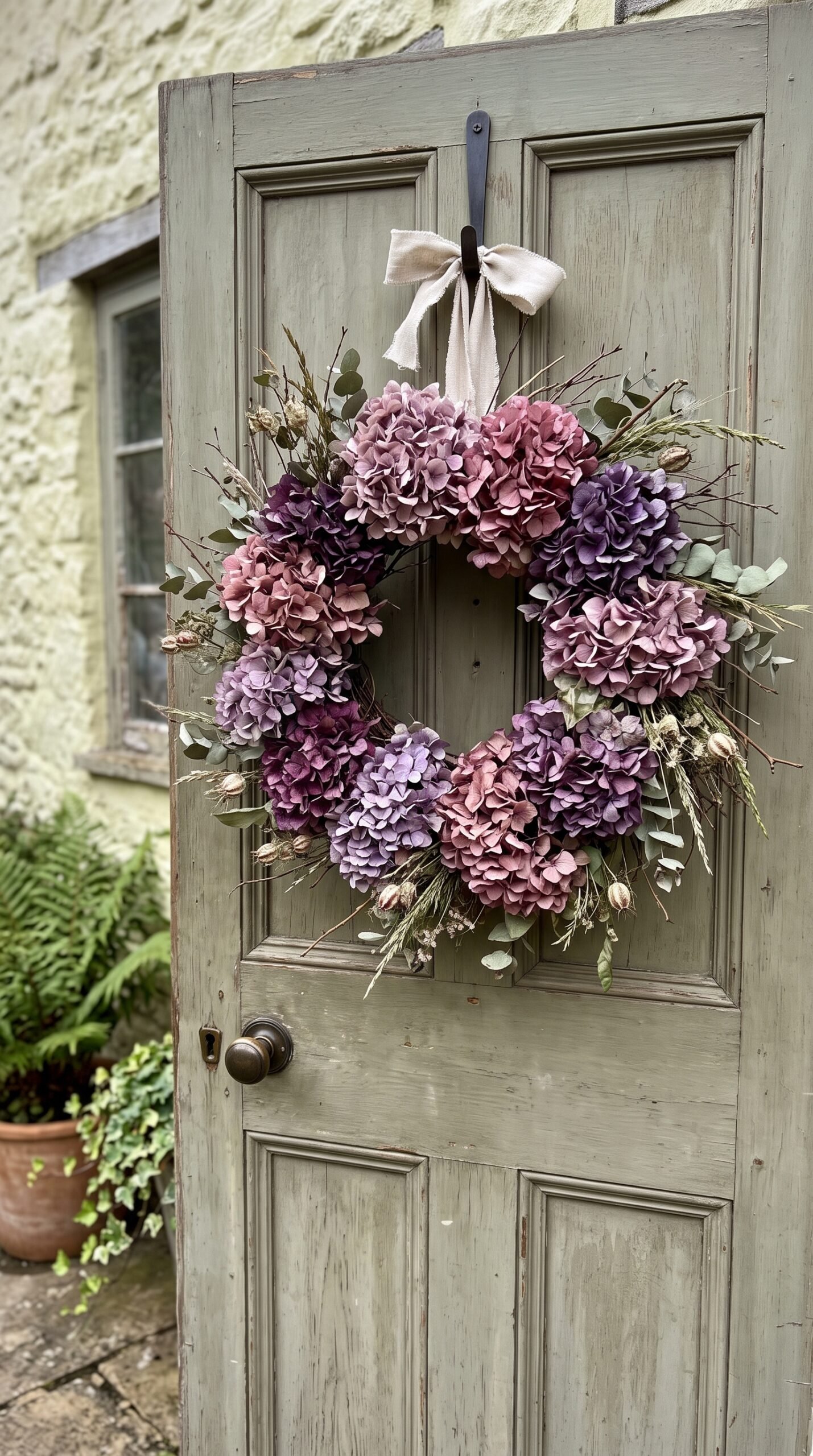 mauve dried hydrangea wreath on a door