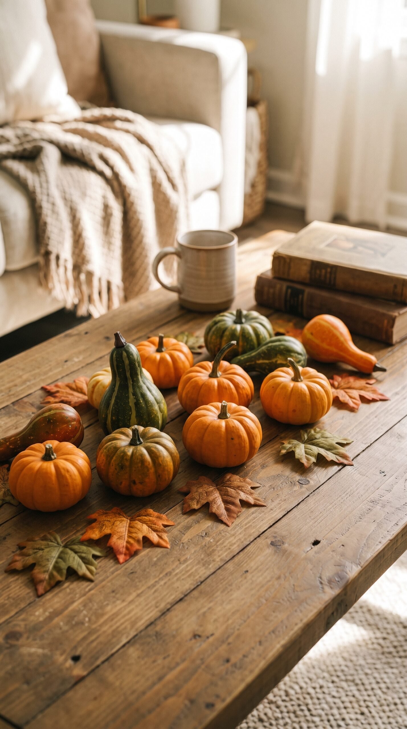 mini gourds and faux leaves scattered on a coffee table