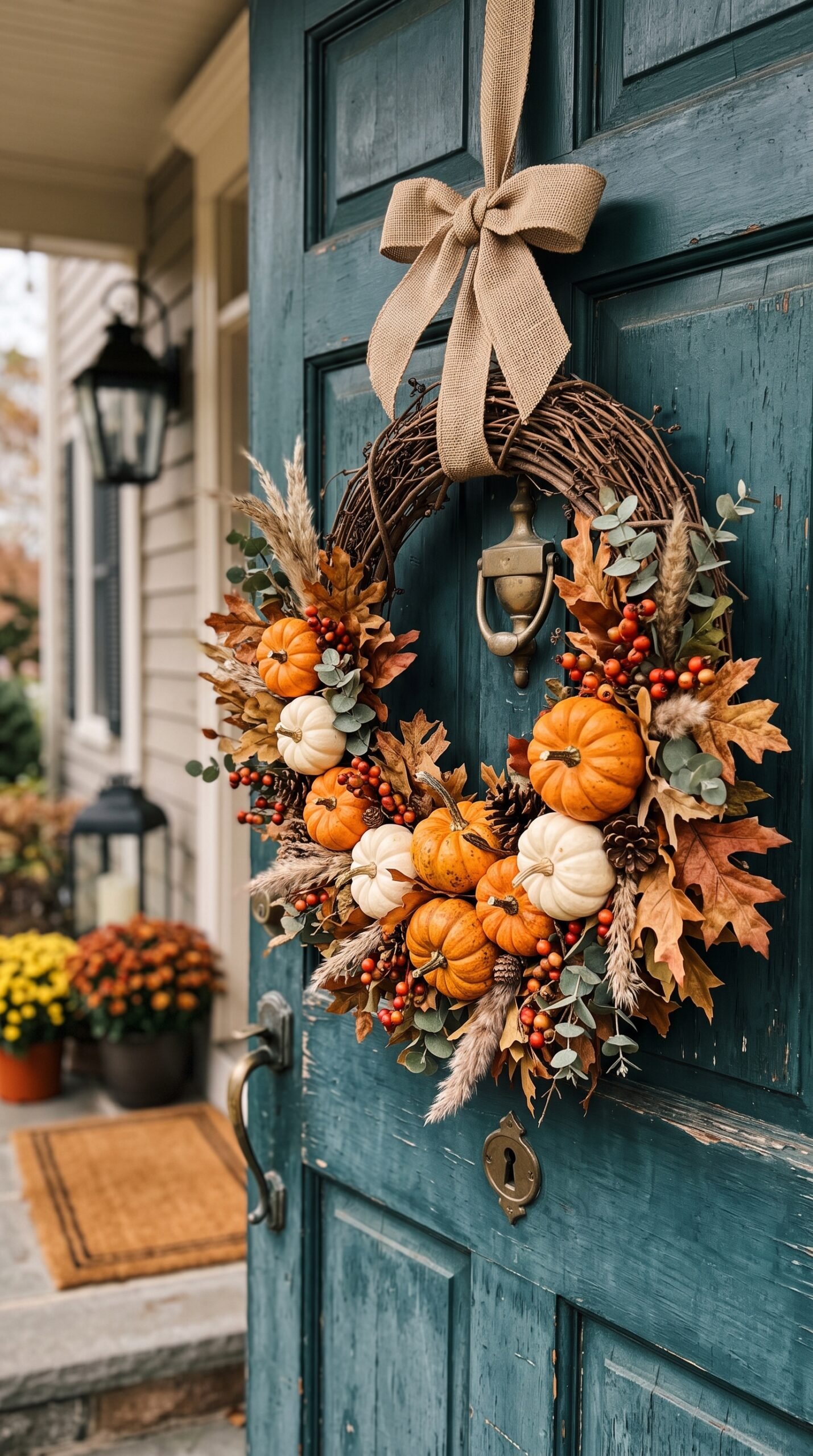 mini pumpkins attached to a door wreath