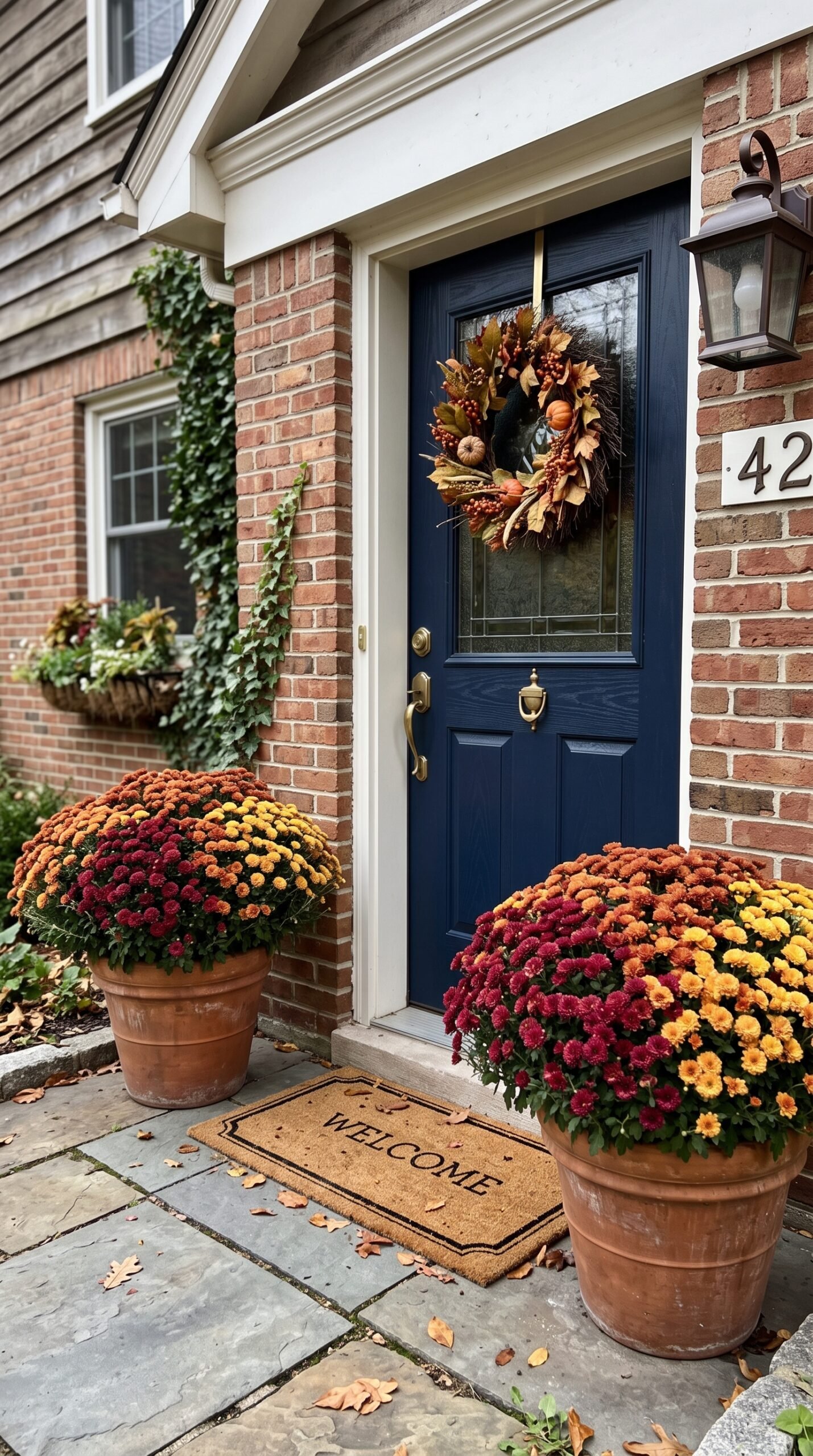 mums in planters flanking a front door