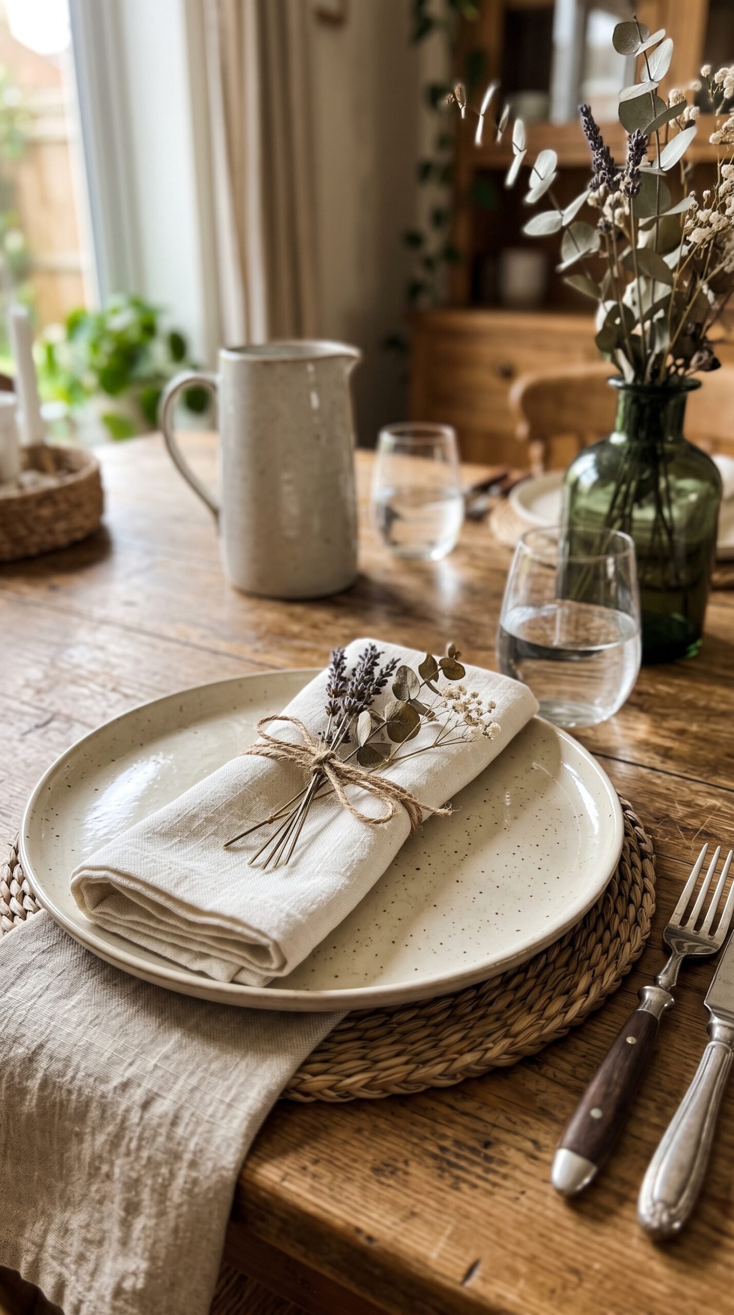 linen napkins tied with dried sprigs on a place setting