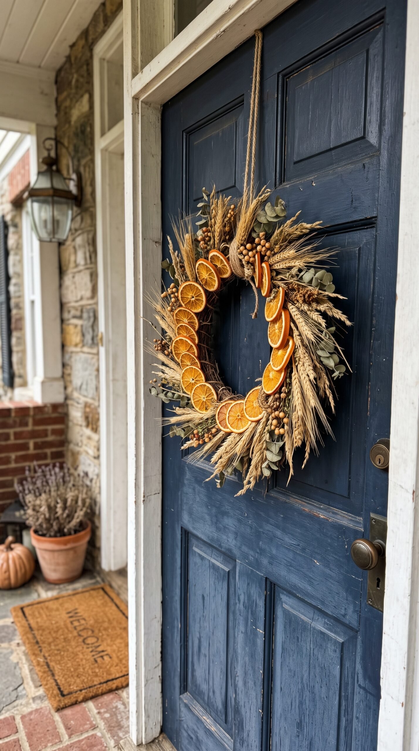 dried orange and wheat wreath on a front door