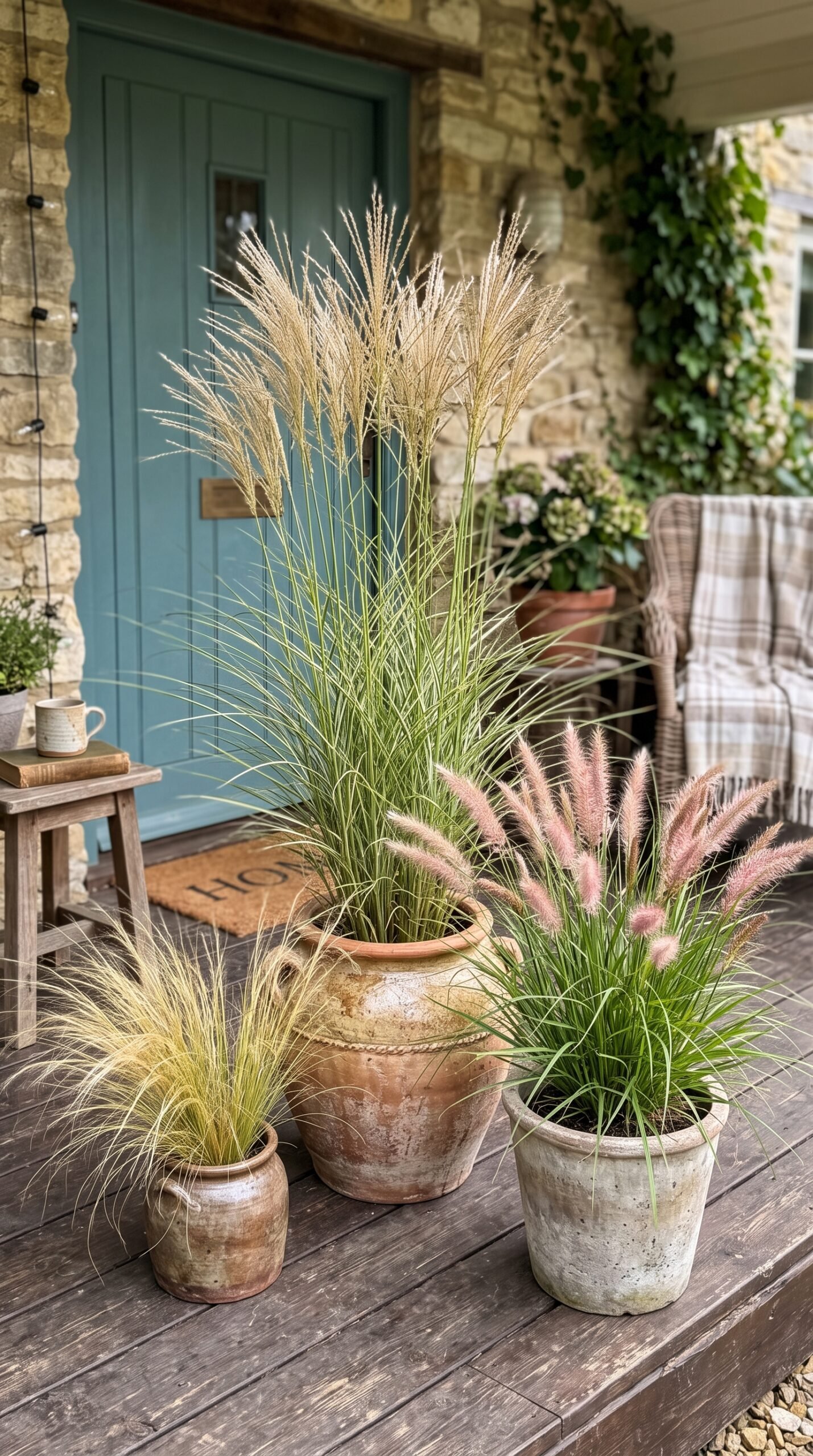 ornamental grasses in porch pots