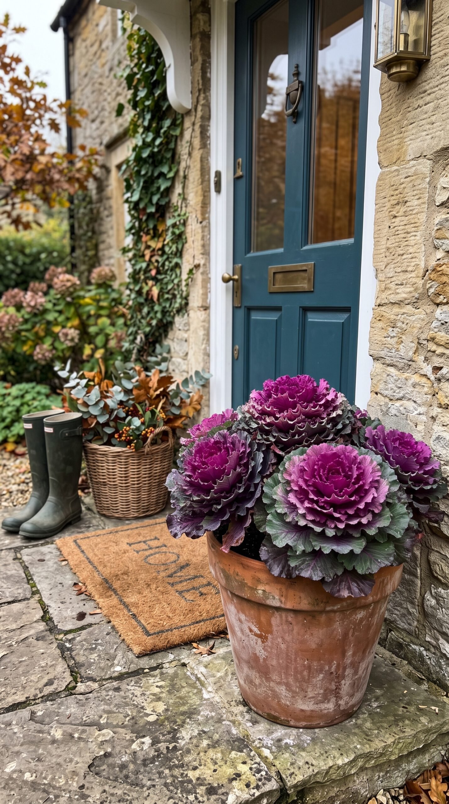 ornamental kale in a pot by a front door