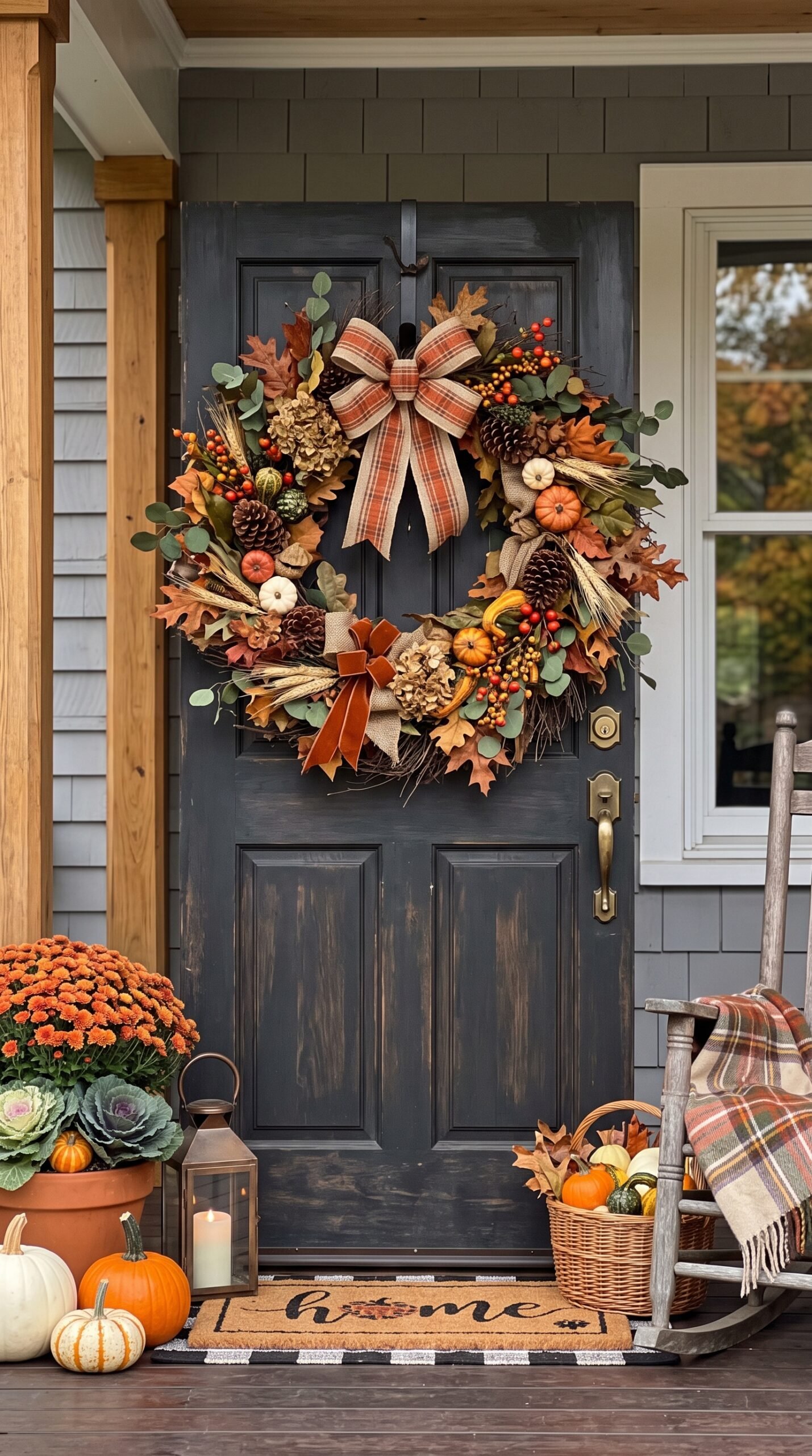 oversized fall wreath on a porch door