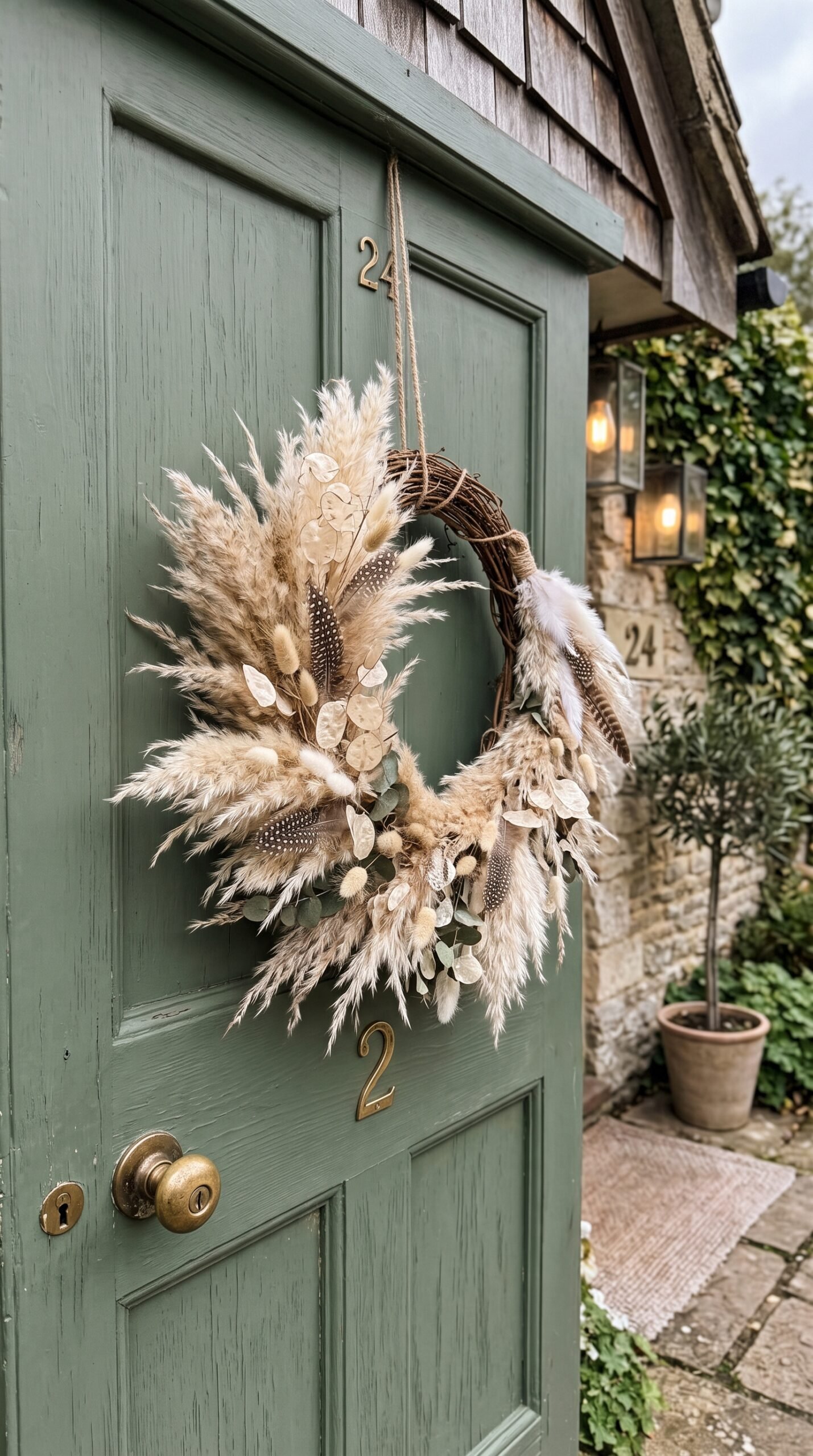 pampas and feather wreath on a door