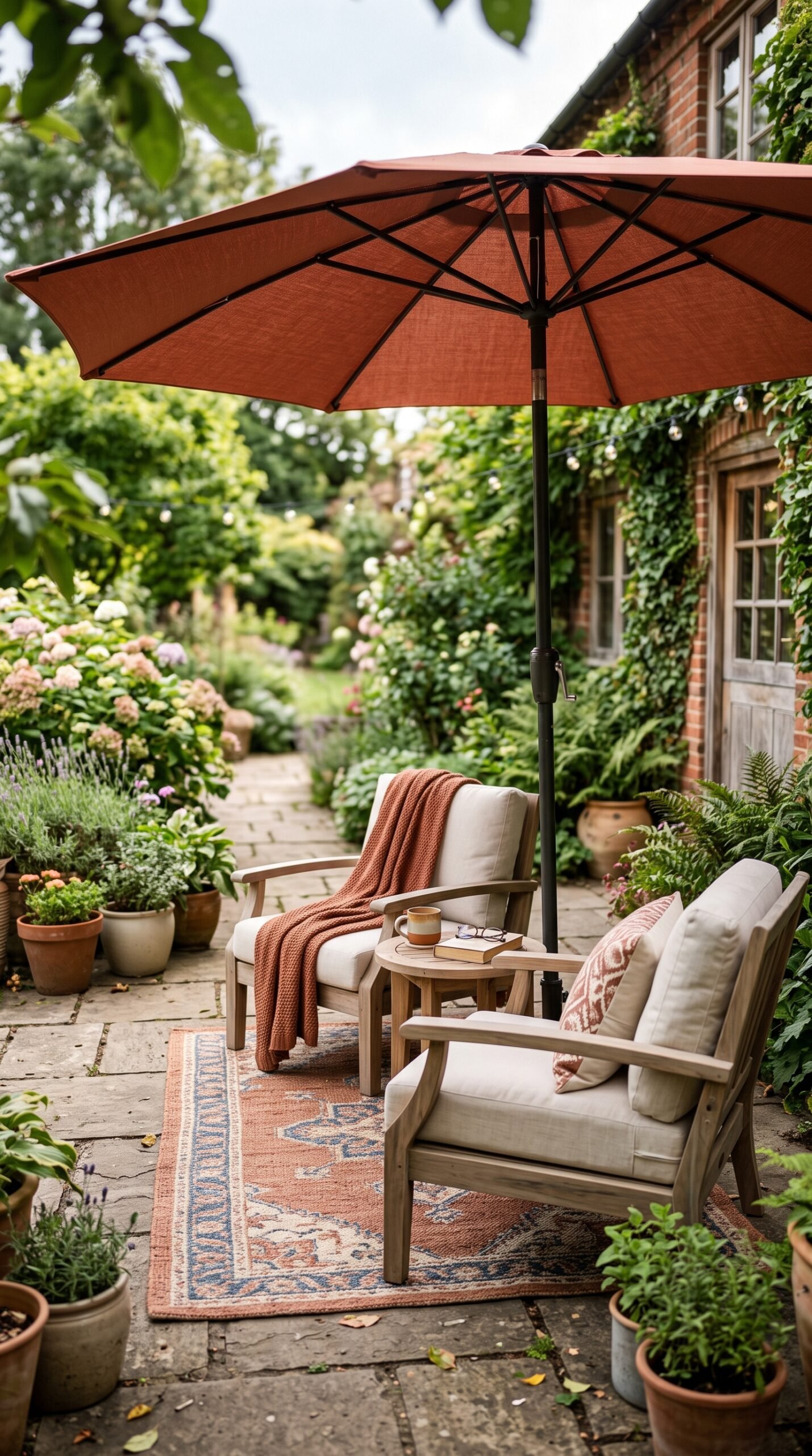 rust toned patio umbrella over seating