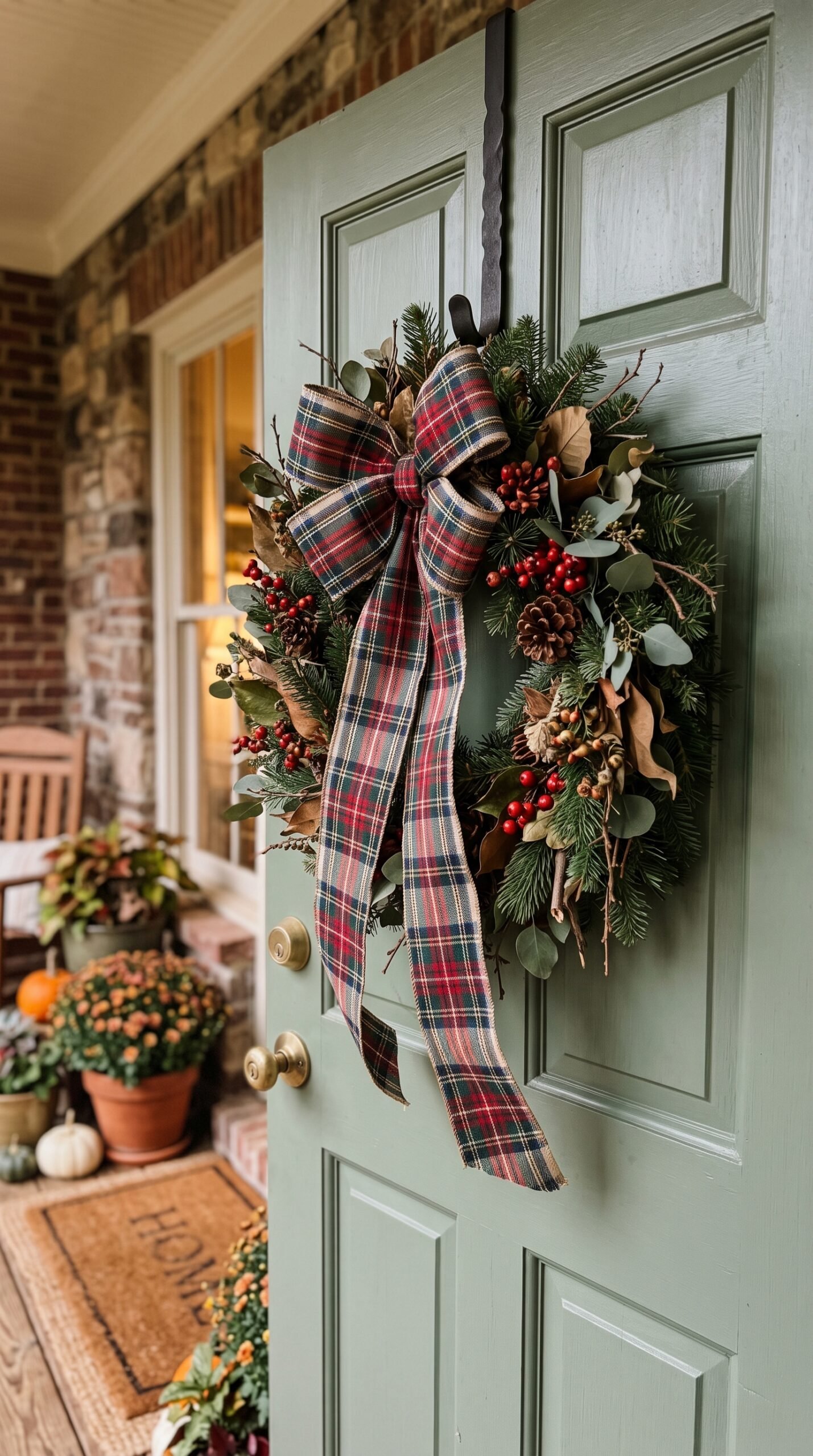 plaid ribbon tied on a front door wreath