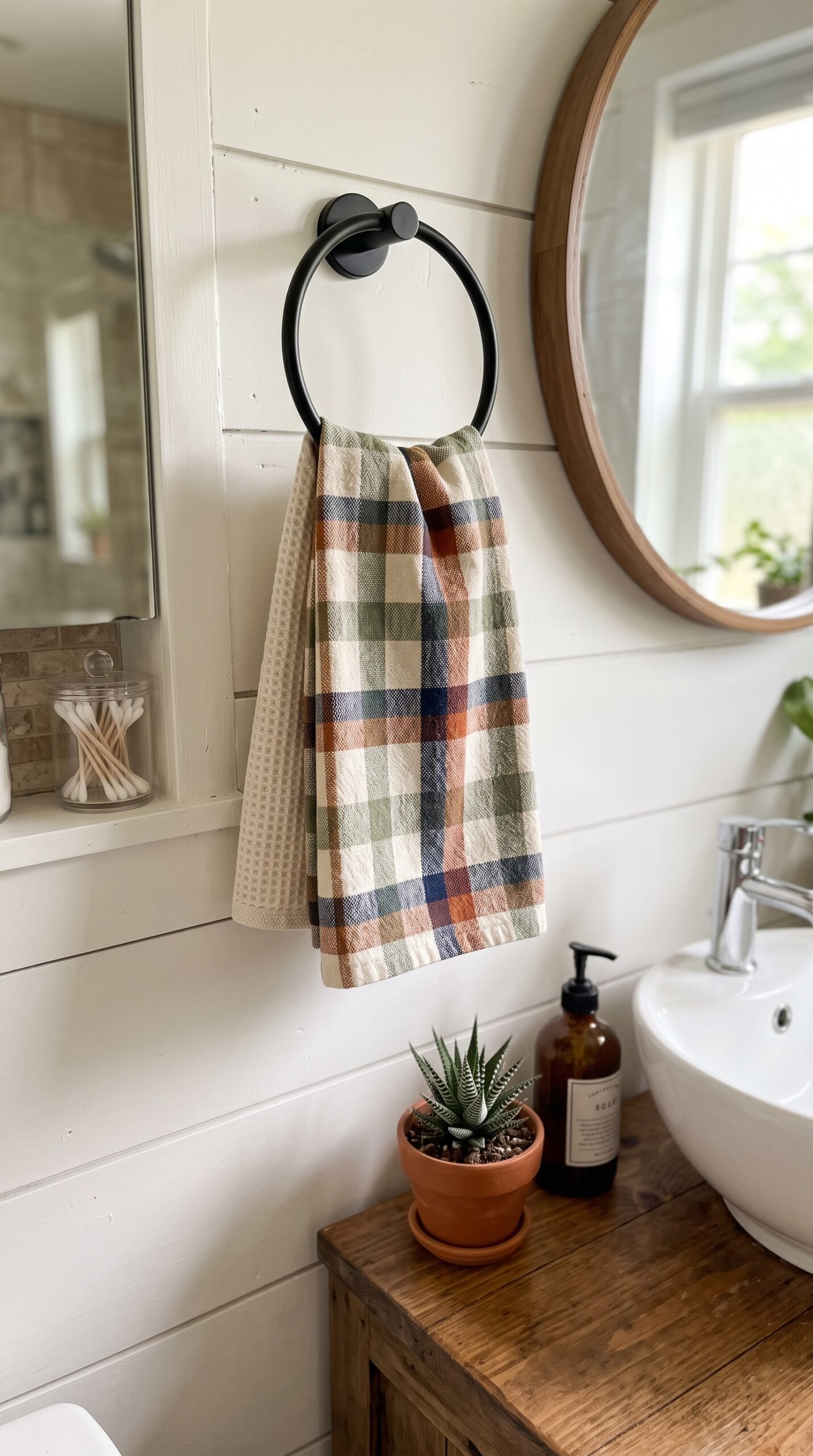 plaid accent towel in a bathroom