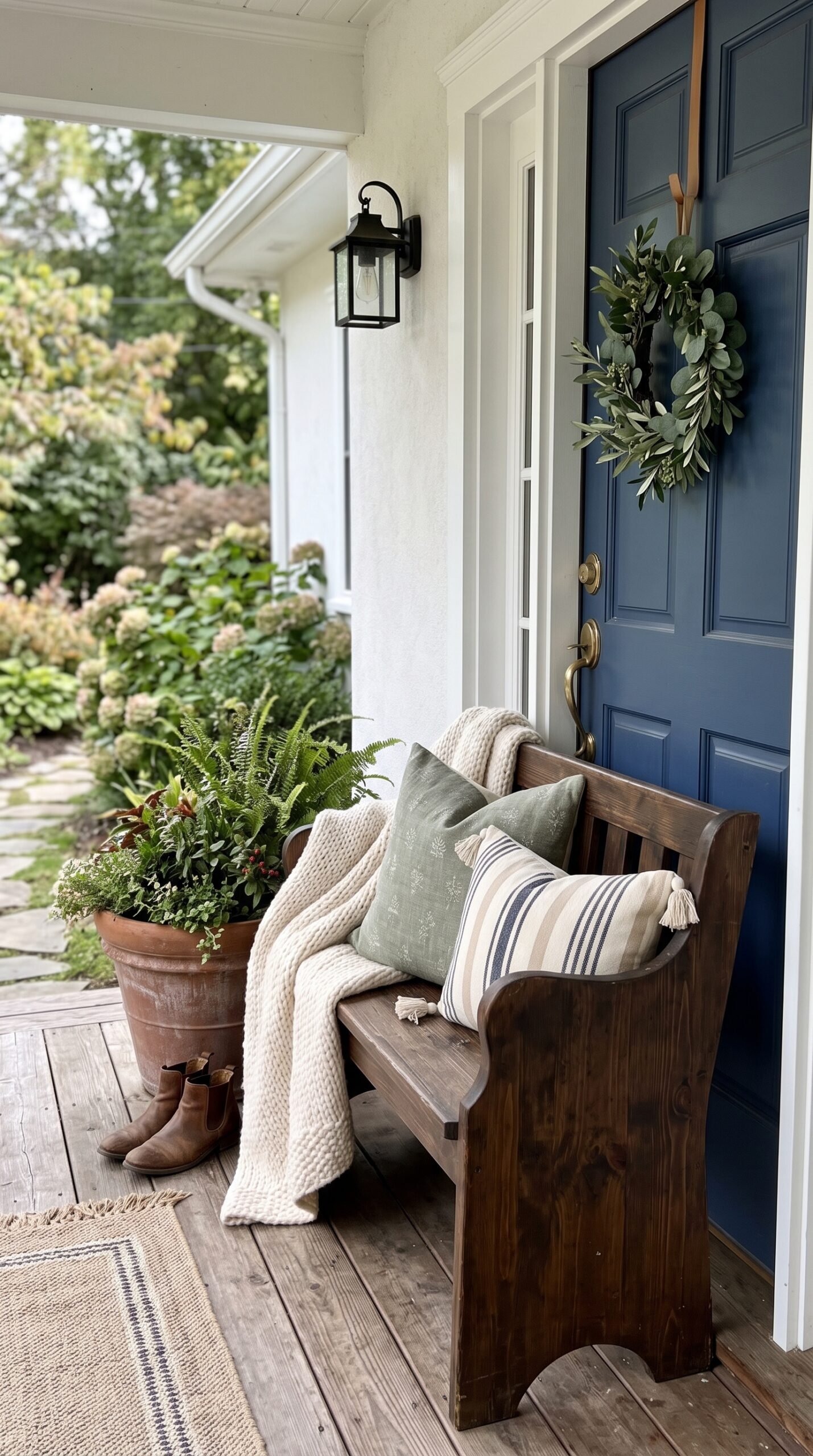 porch bench with a throw and pillows by a door