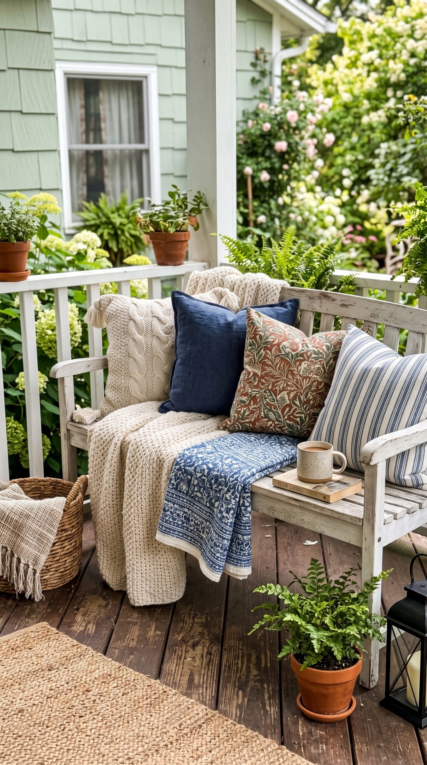 porch bench with throws and pillows