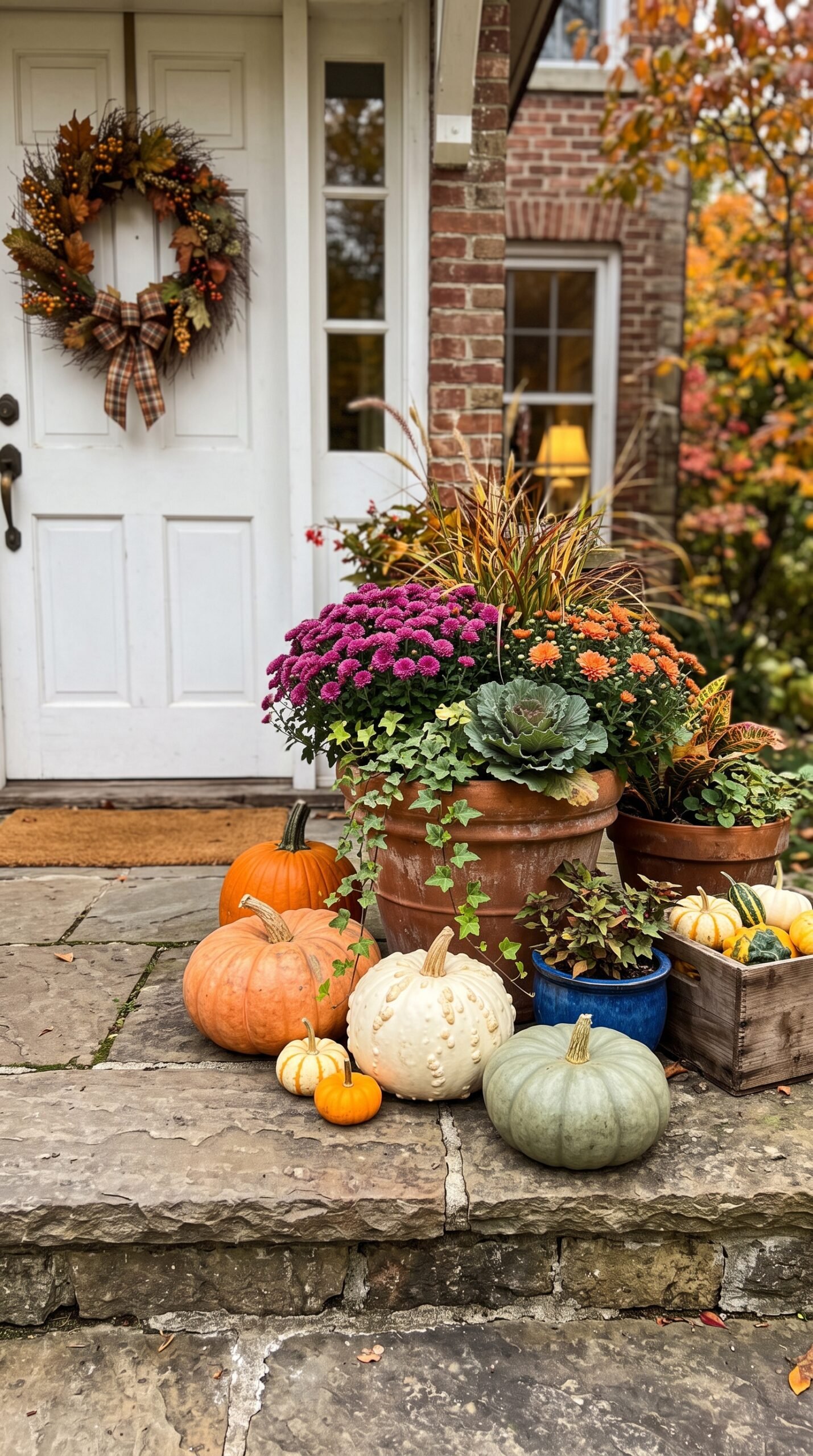 pumpkins nestled among outdoor planters