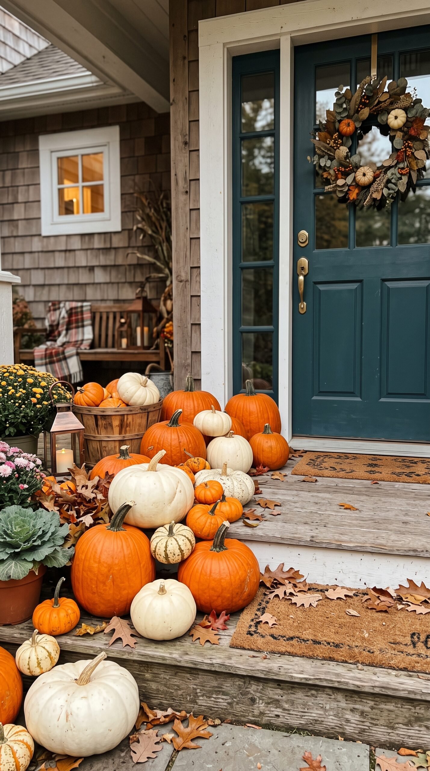 white and orange pumpkins layered by a door