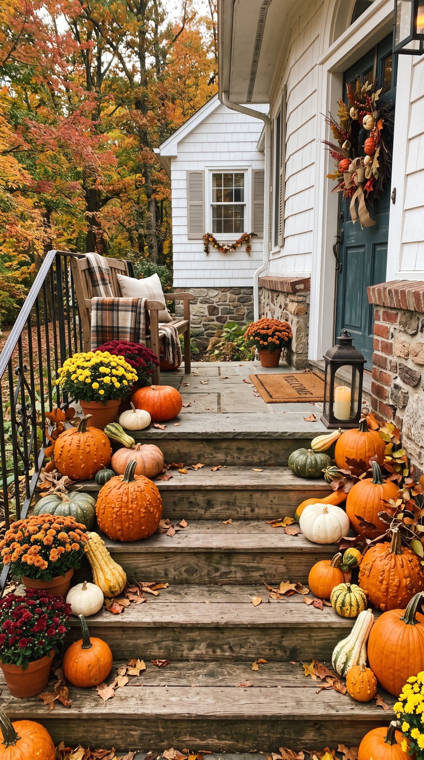 pumpkins lining front porch steps