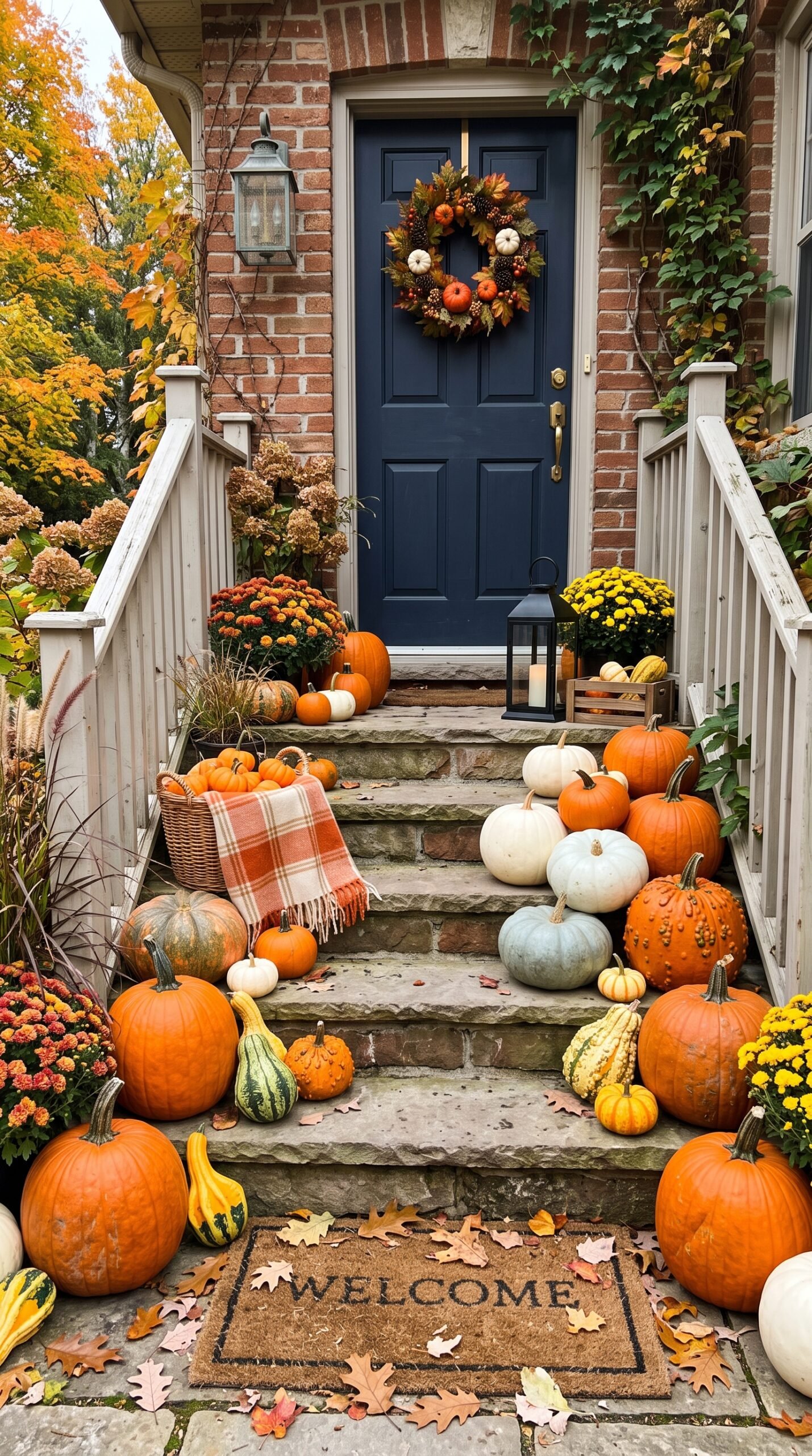 pumpkins arranged on front steps