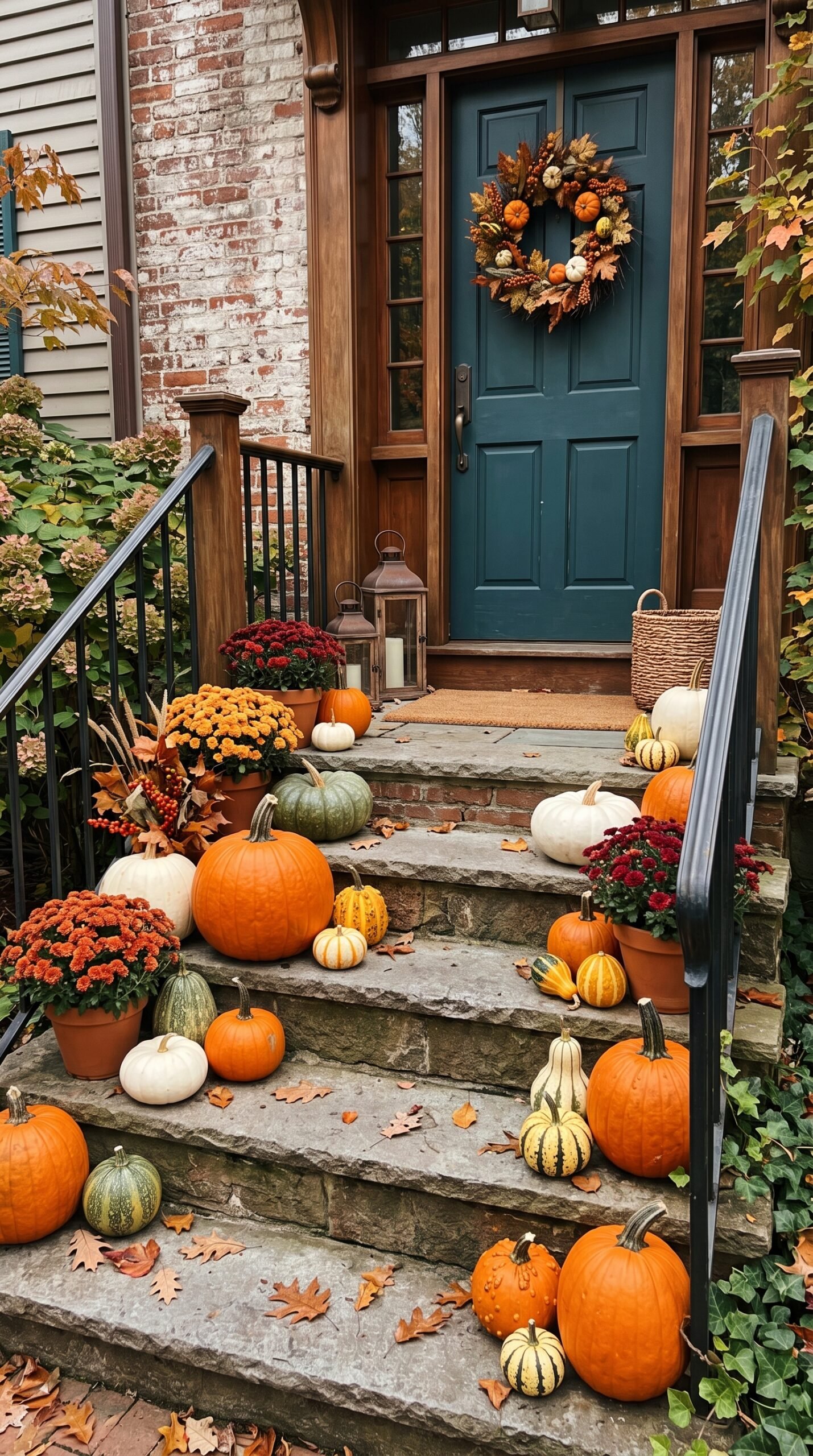 pumpkins arranged on outdoor steps