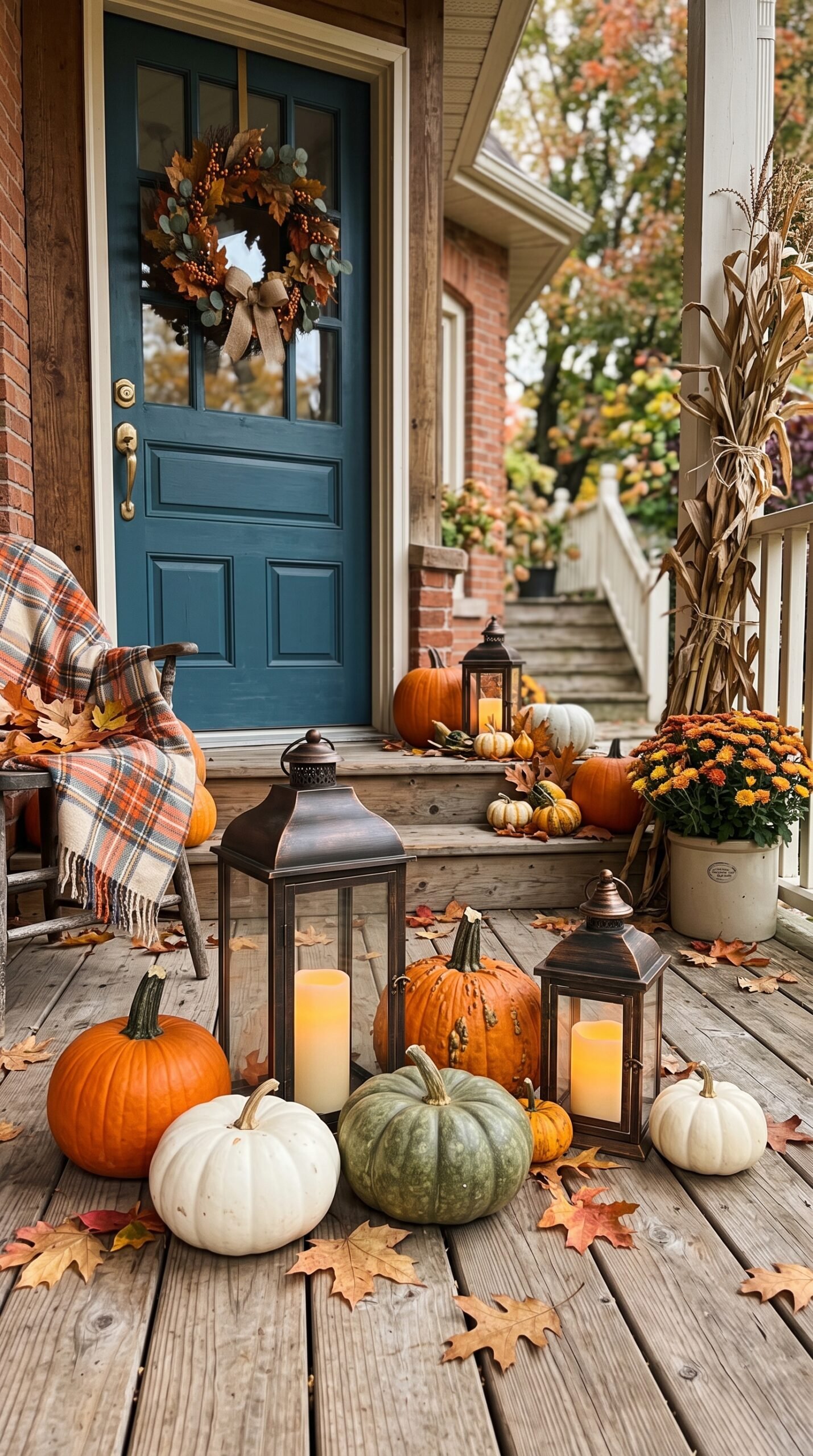 pumpkins paired with lanterns on a porch